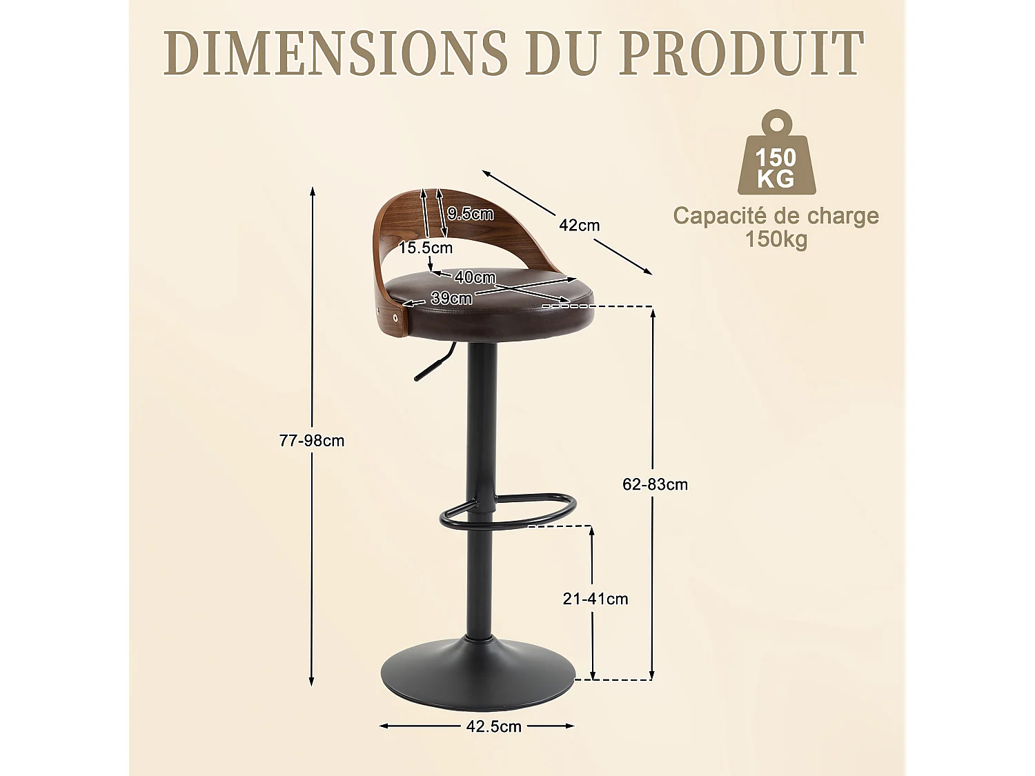 Lot de 2 Tabourets de Bar Pivotants Réglables 62-83 cm PU Cuir Style Industriel Vintage Repose-pieds Métal Charge 150 kg