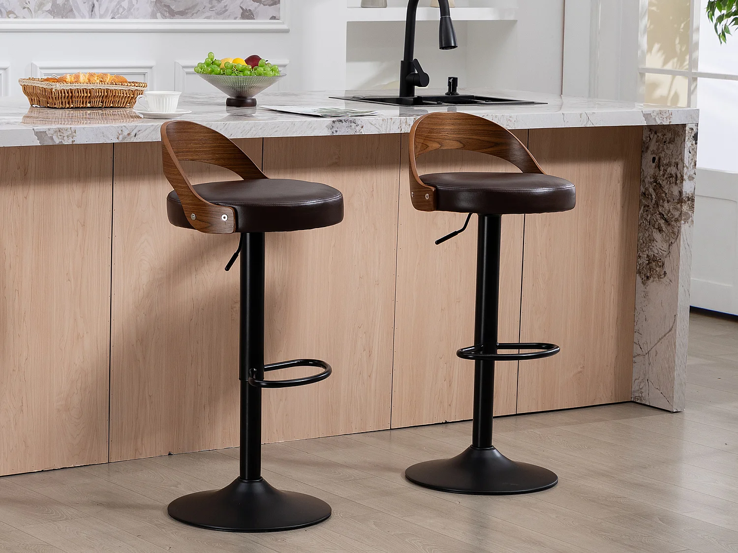 Lot de 2 Tabourets de Bar Pivotants Réglables 62-83 cm PU Cuir Style Industriel Vintage Repose-pieds Métal Charge 150 kg