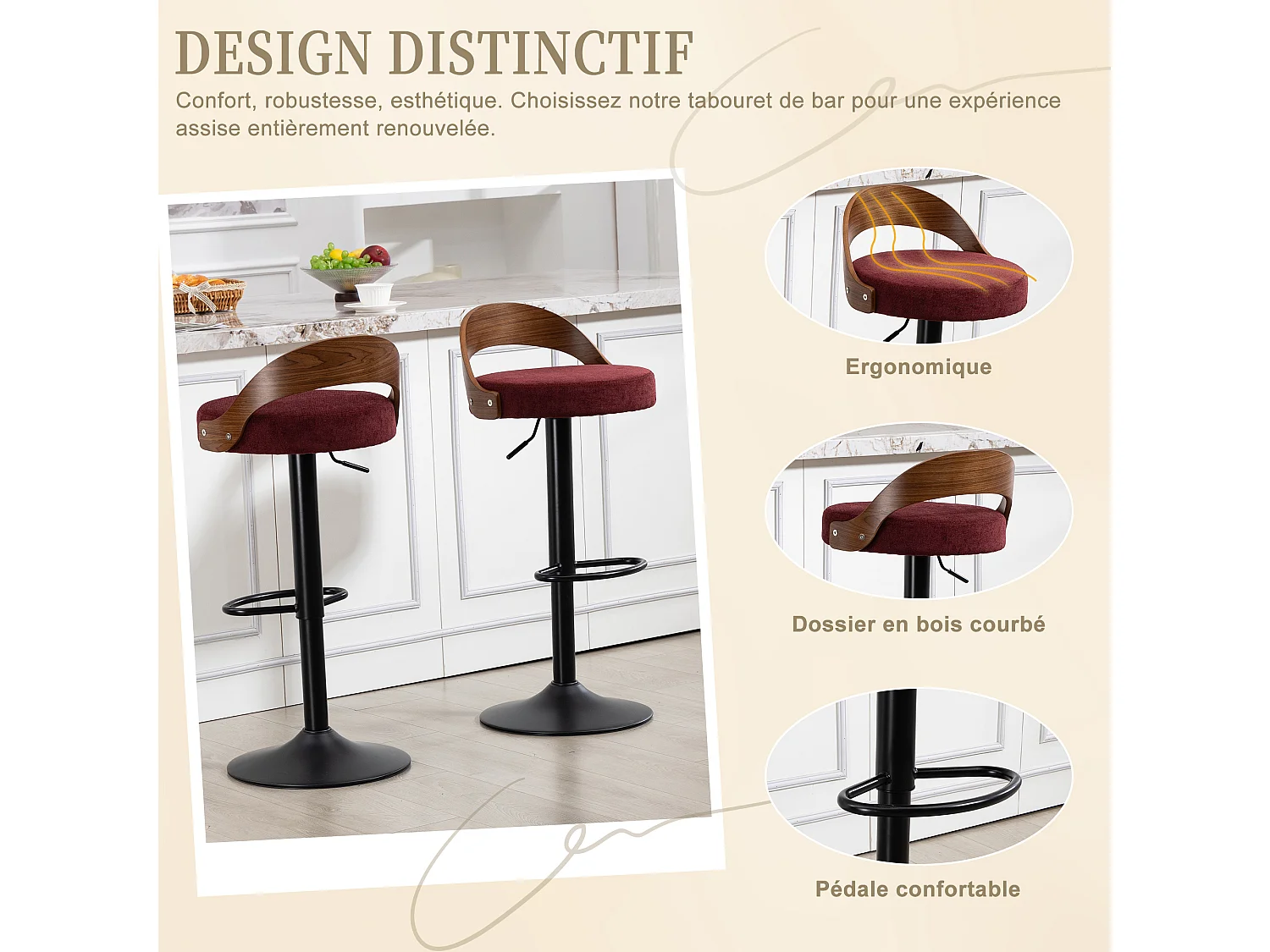 Lot de 2 Tabourets de Bar Pivotants Réglables 62-83 cm Style Industriel Vintage Repose-pieds Métal Charge 150 kg