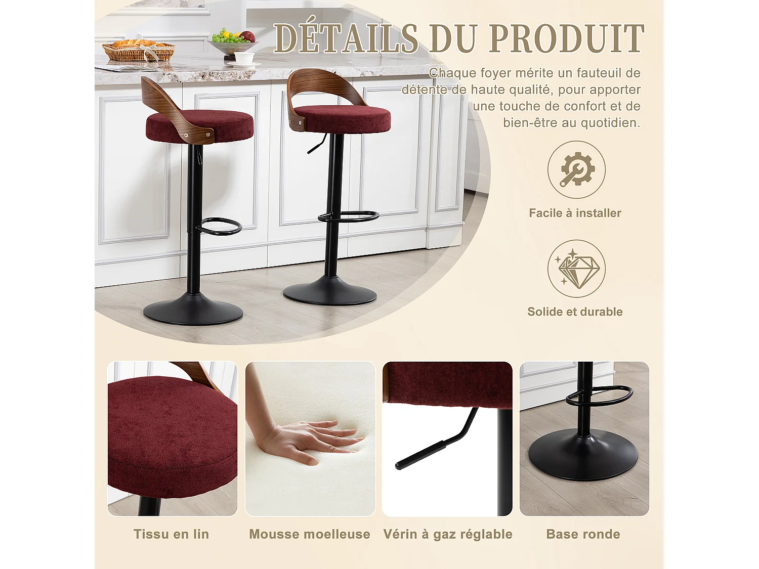 Lot de 2 Tabourets de Bar Pivotants Réglables 62-83 cm Style Industriel Vintage Repose-pieds Métal Charge 150 kg