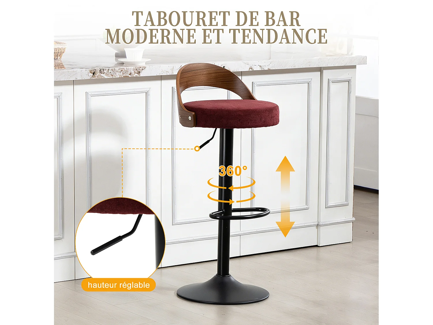 Lot de 2 Tabourets de Bar Pivotants Réglables 62-83 cm Style Industriel Vintage Repose-pieds Métal Charge 150 kg
