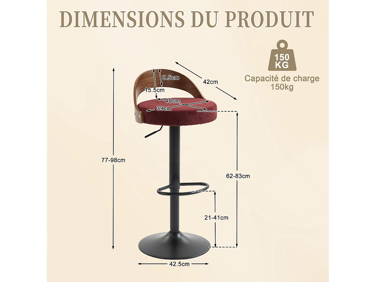 Lot de 2 Tabourets de Bar Pivotants Réglables 62-83 cm Style Industriel Vintage Repose-pieds Métal Charge 150 kg