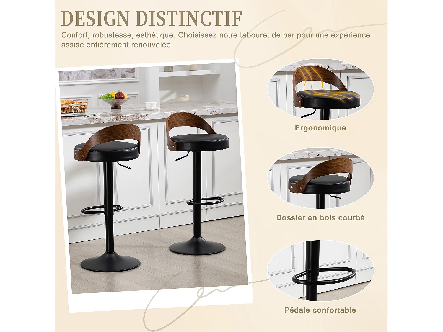 Lot de 2 Tabourets de Bar Pivotants Réglables 62-83 cm PU Cuir Style Industriel Vintage Repose-pieds Métal Charge 150 kg