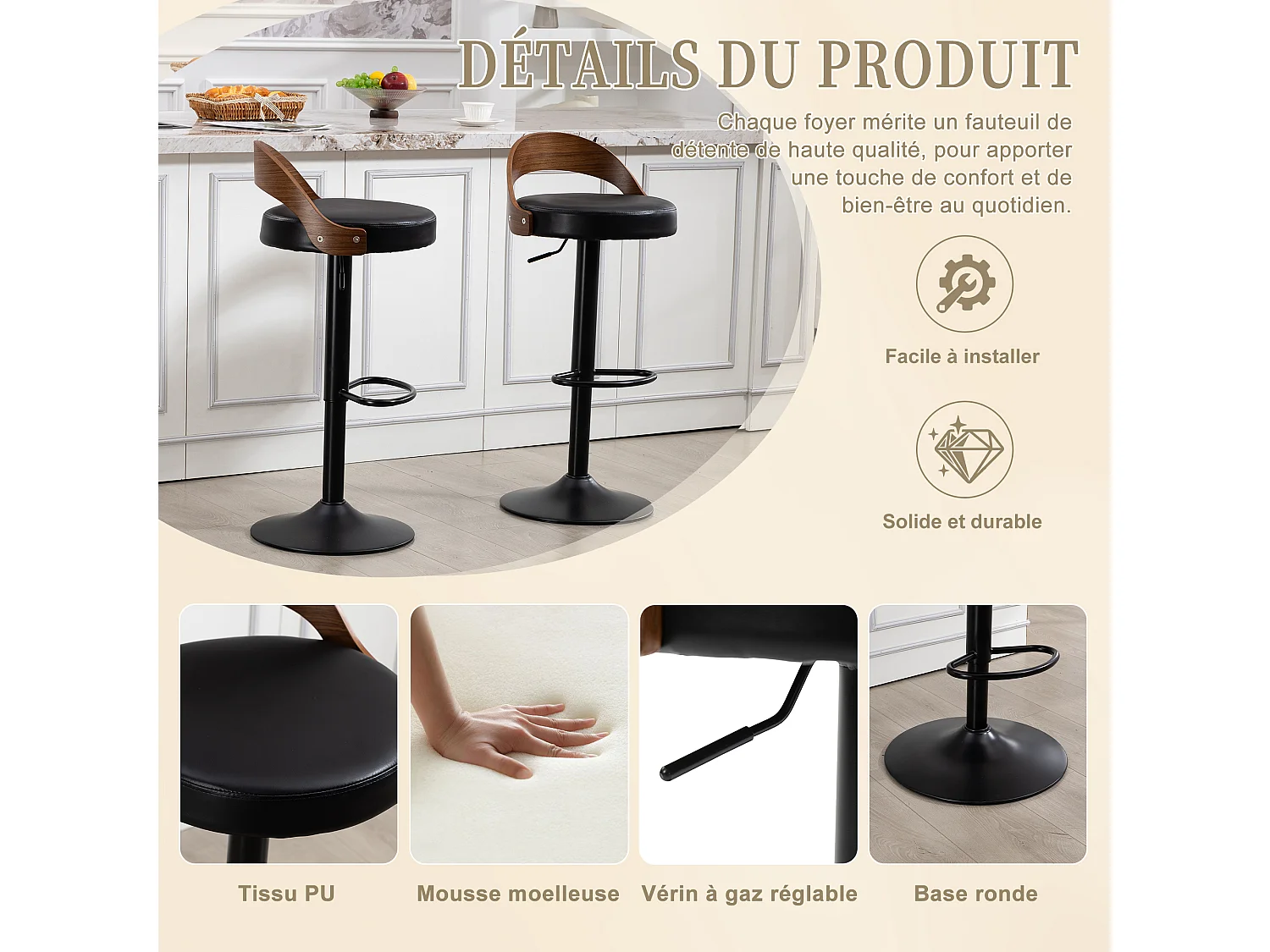 Lot de 2 Tabourets de Bar Pivotants Réglables 62-83 cm PU Cuir Style Industriel Vintage Repose-pieds Métal Charge 150 kg