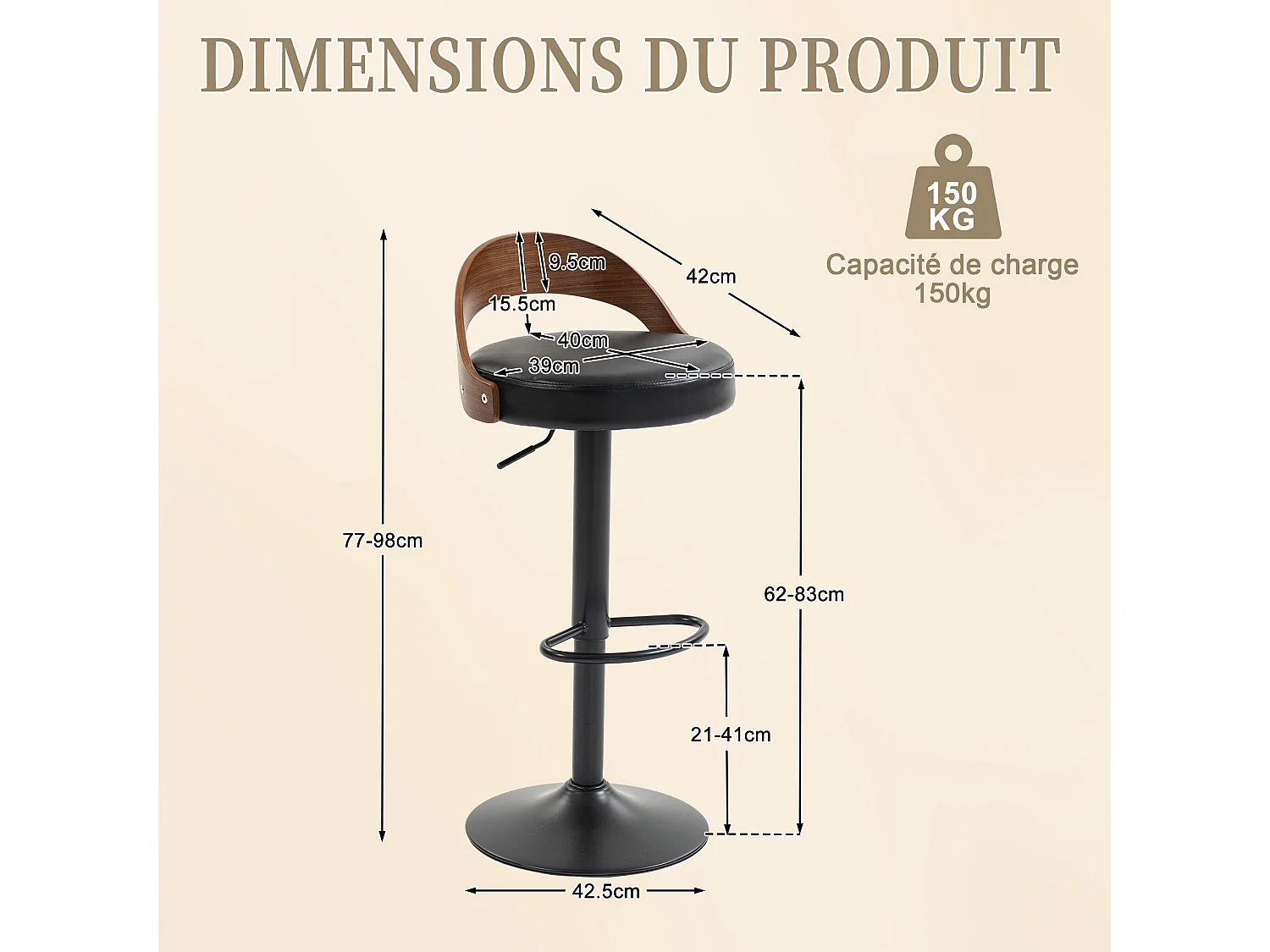 Lot de 2 Tabourets de Bar Pivotants Réglables 62-83 cm PU Cuir Style Industriel Vintage Repose-pieds Métal Charge 150 kg