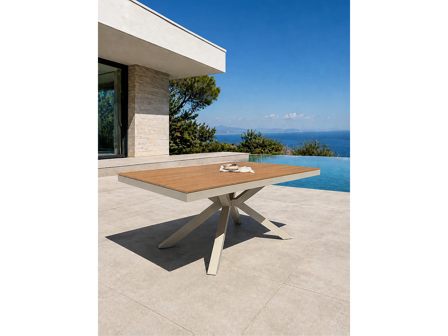Table de jardin en alu plateau polywood  aspect bois - Grège - LAMU