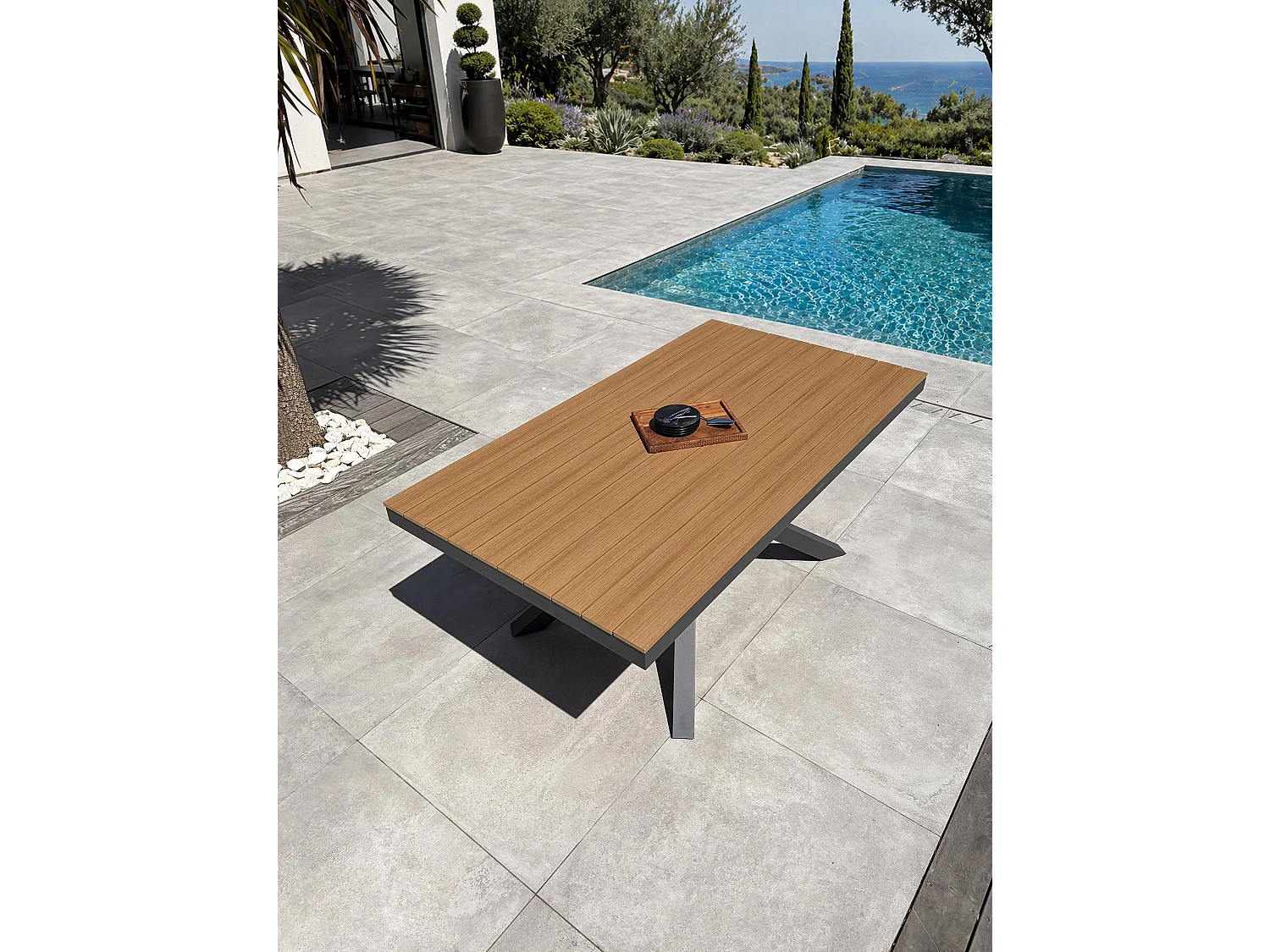 Table de jardin en alu plateau polywood aspect bois - Gris anthracite - LAMU