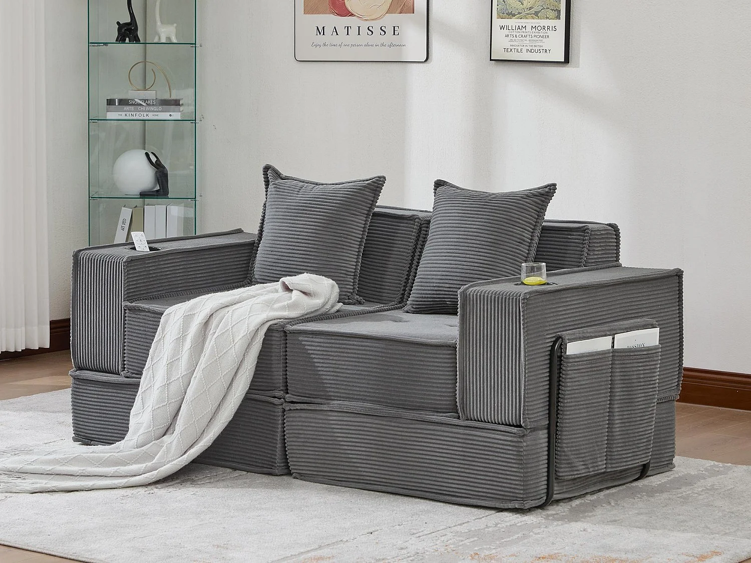 Canapé modulable 2 places convertible lit, mousse haute densité ergonomique, porte-gobelets, rangements, salon chambre bureau