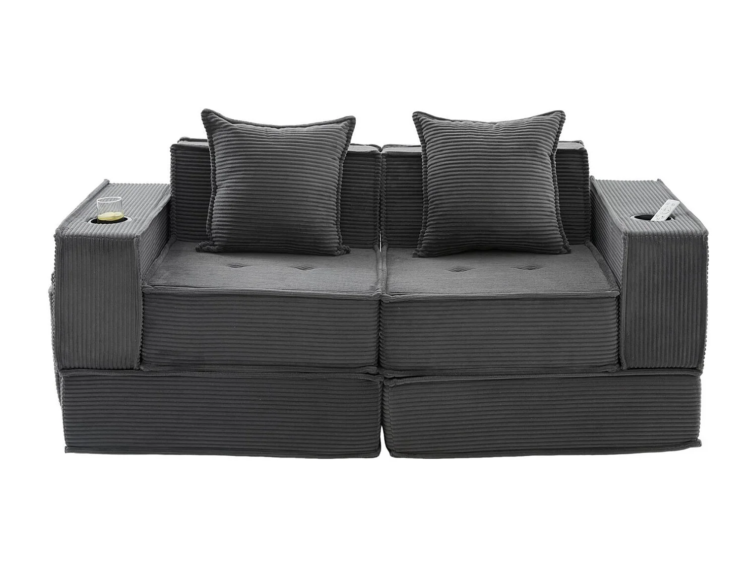 Canapé modulable 2 places convertible lit, mousse haute densité ergonomique, porte-gobelets, rangements, salon chambre bureau