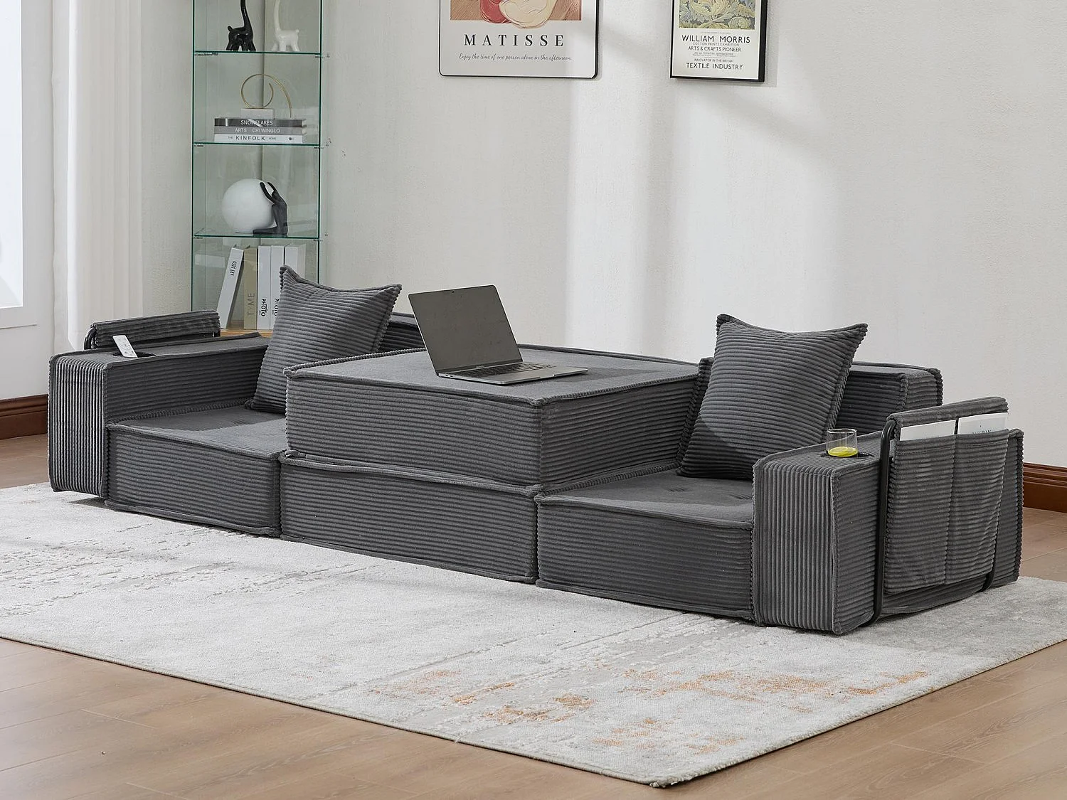 Canapé modulable 2 places convertible lit, mousse haute densité ergonomique, porte-gobelets, rangements, salon chambre bureau