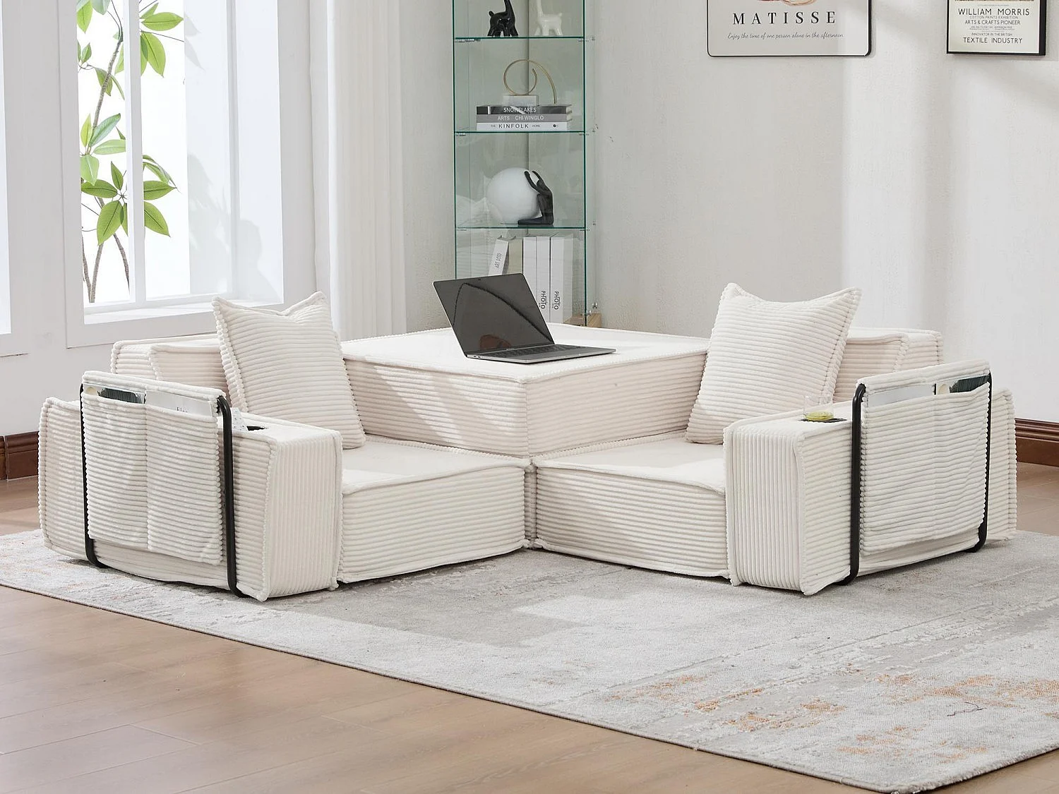 Canapé modulable 2 places convertible lit, mousse haute densité ergonomique, porte-gobelets, rangements, salon chambre bureau