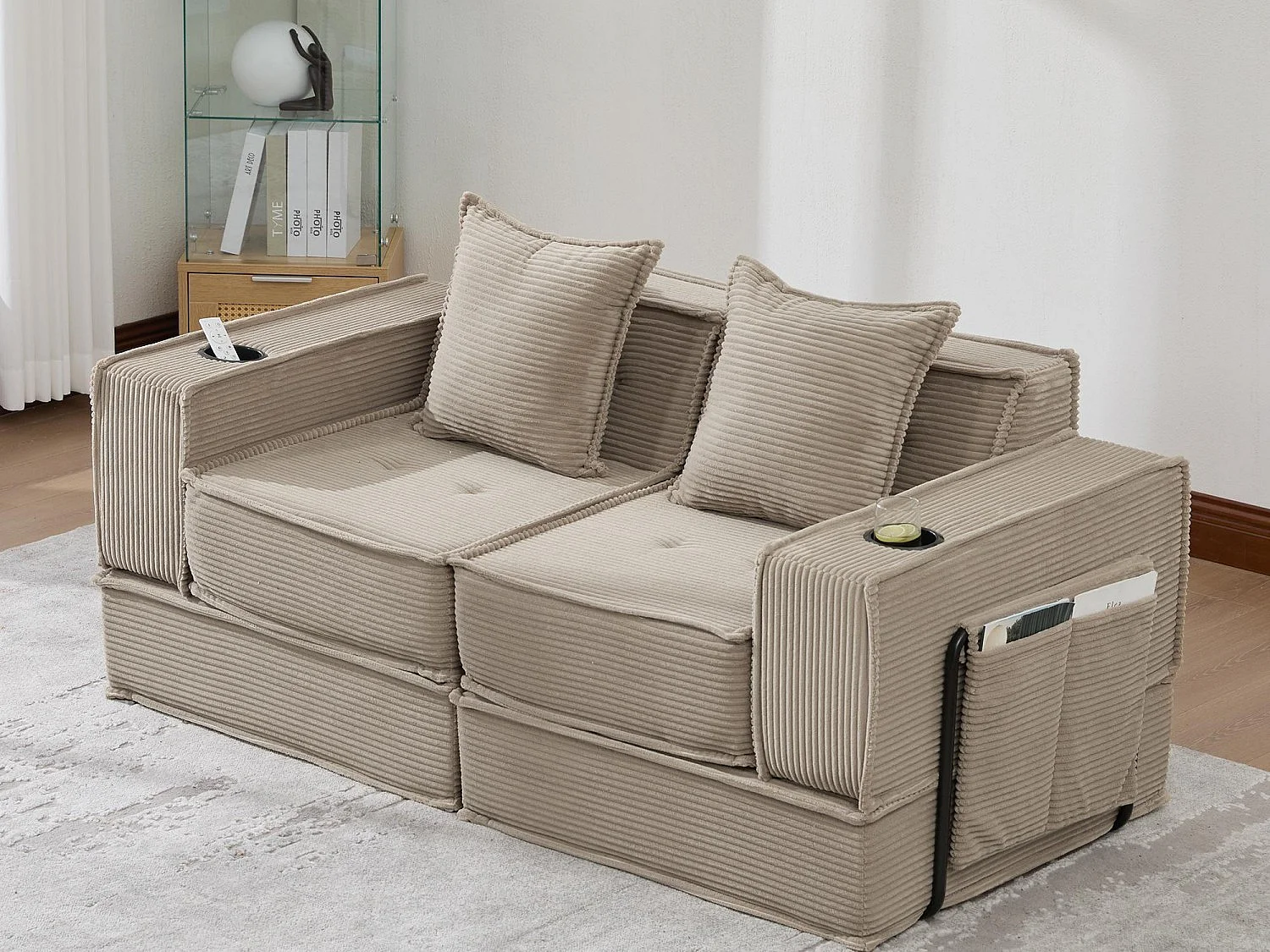 Canapé modulable 2 places convertible lit, mousse haute densité ergonomique, porte-gobelets, rangements, salon chambre bureau
