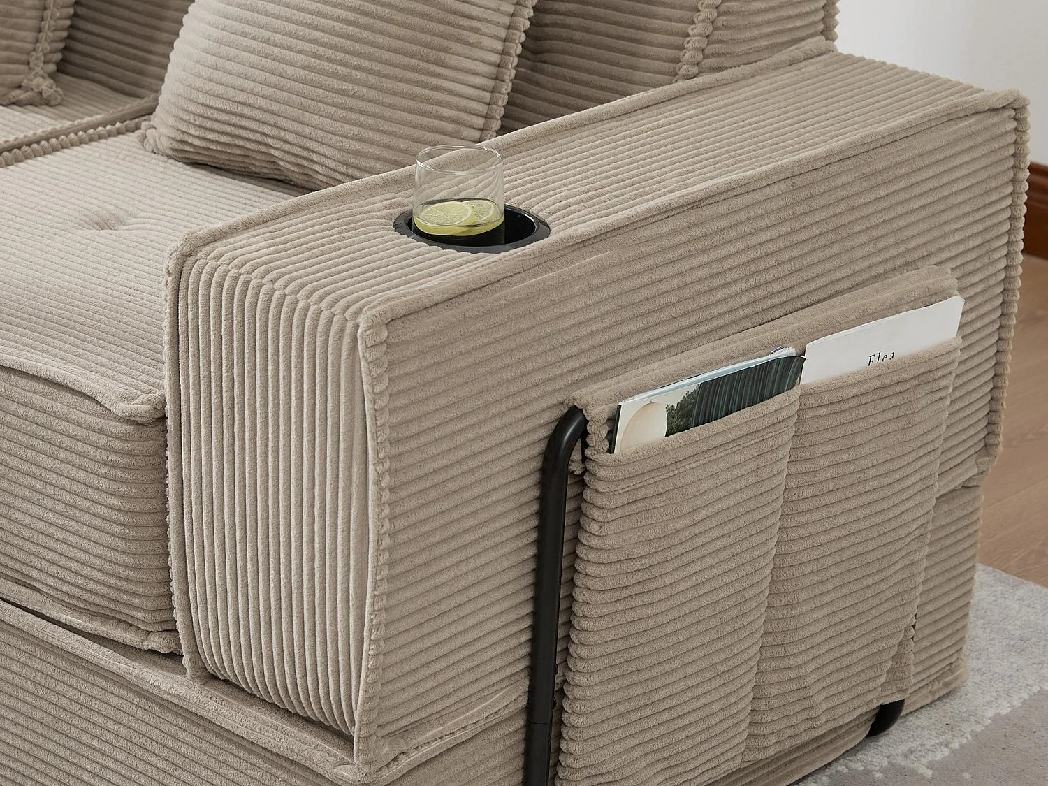 Canapé modulable 2 places convertible lit, mousse haute densité ergonomique, porte-gobelets, rangements, salon chambre bureau