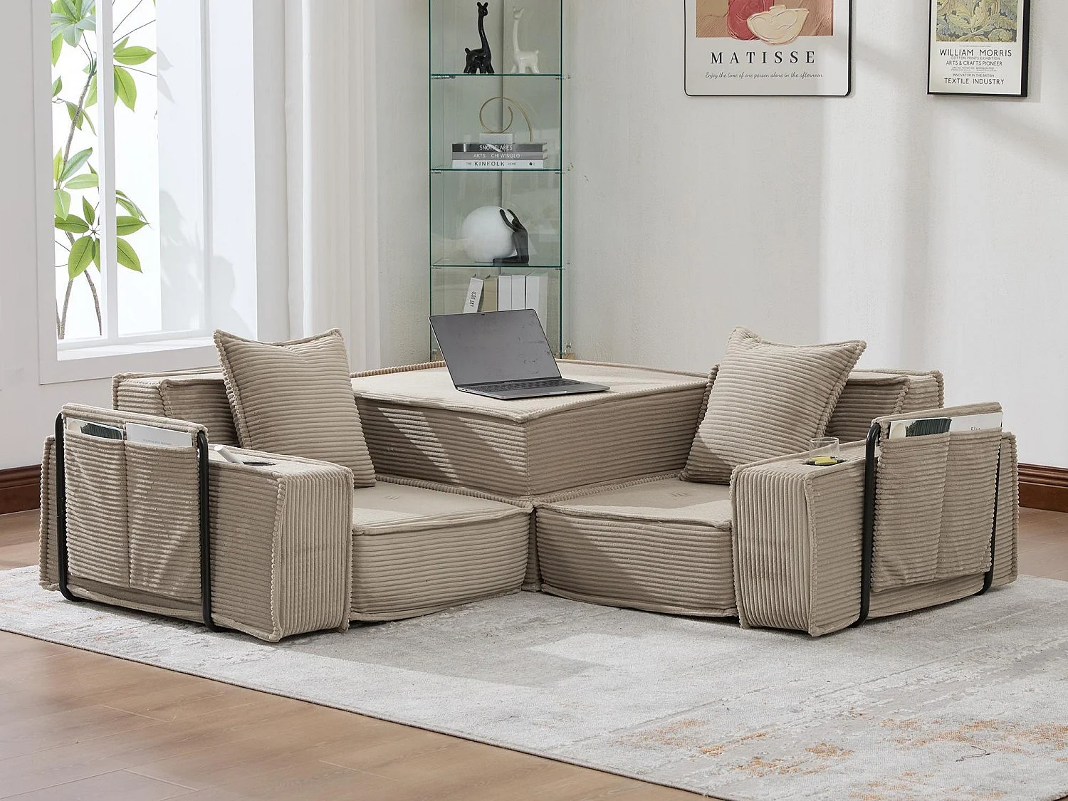 Canapé modulable 2 places convertible lit, mousse haute densité ergonomique, porte-gobelets, rangements, salon chambre bureau