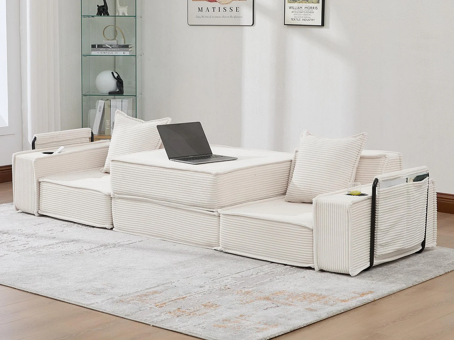 Canapé modulable 2 places convertible lit, mousse haute densité ergonomique, porte-gobelets, rangements, salon chambre bureau