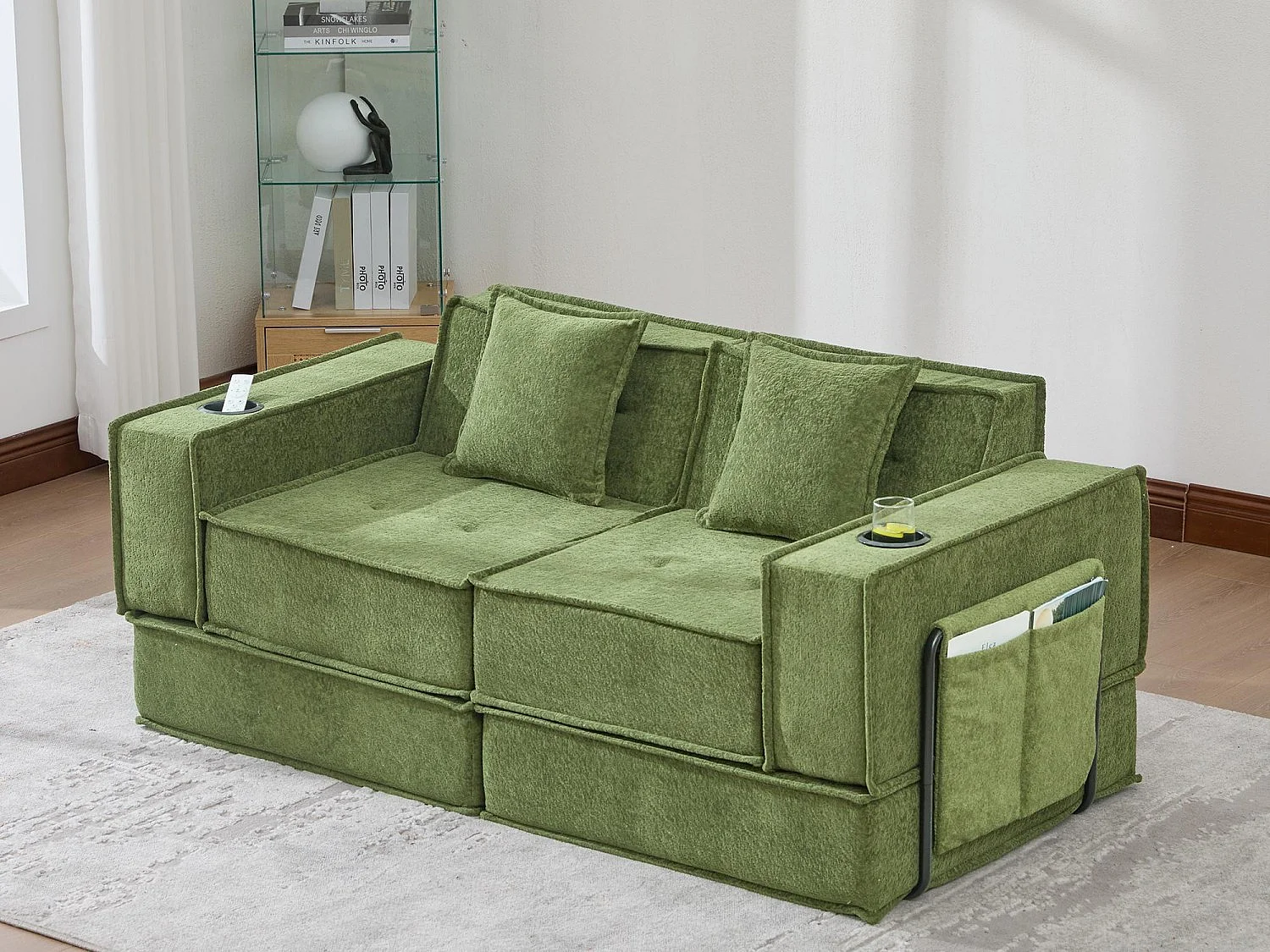Canapé modulable 2 places convertible lit, mousse haute densité ergonomique, porte-gobelets, rangements, salon chambre bureau