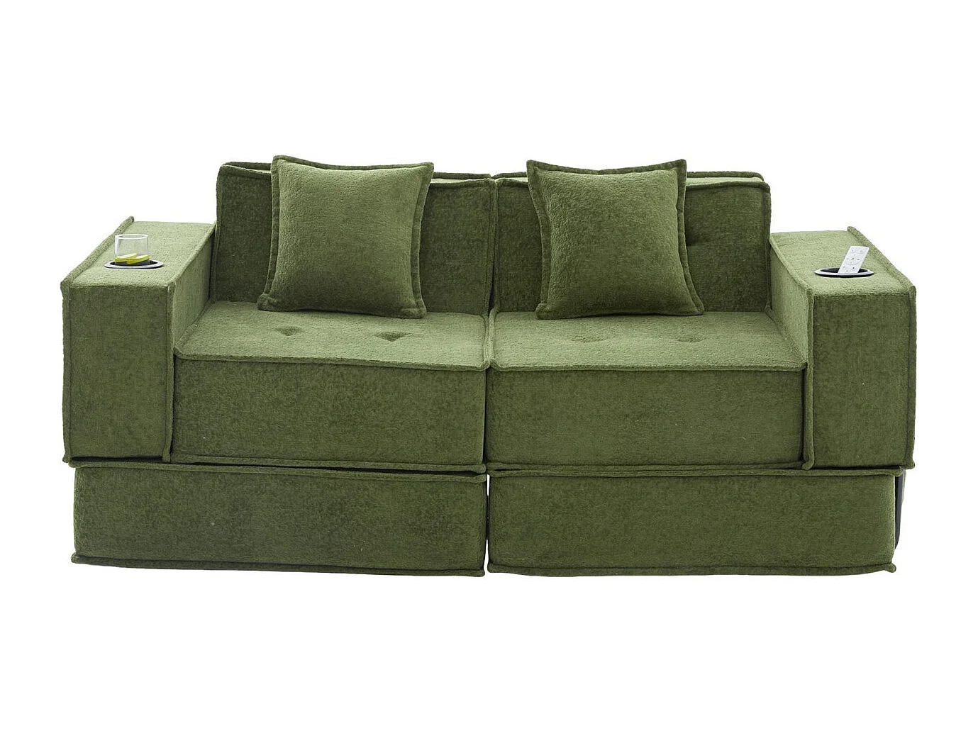 Canapé modulable 2 places convertible lit, mousse haute densité ergonomique, porte-gobelets, rangements, salon chambre bureau