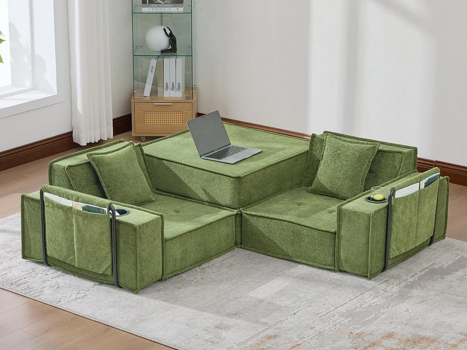 Canapé modulable 2 places convertible lit, mousse haute densité ergonomique, porte-gobelets, rangements, salon chambre bureau