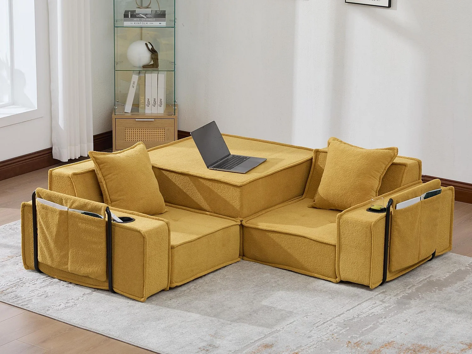 Canapé modulable 2 places convertible lit, mousse haute densité ergonomique, porte-gobelets, rangements, salon chambre bureau