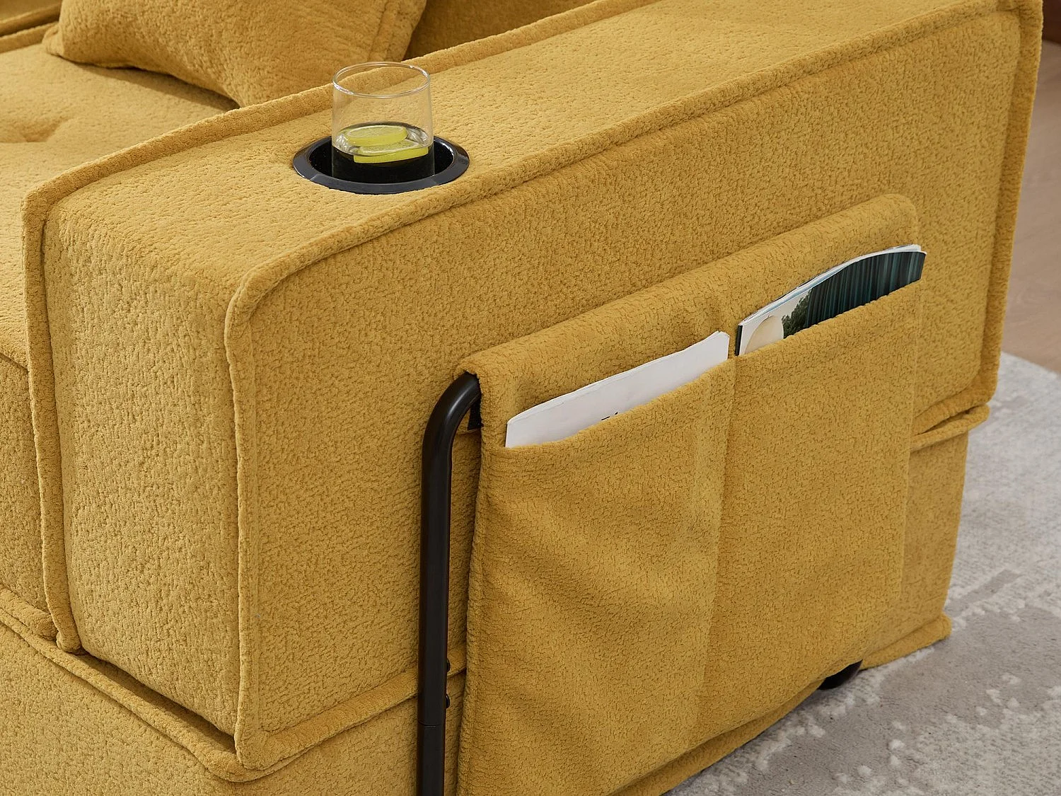Canapé modulable 2 places convertible lit, mousse haute densité ergonomique, porte-gobelets, rangements, salon chambre bureau