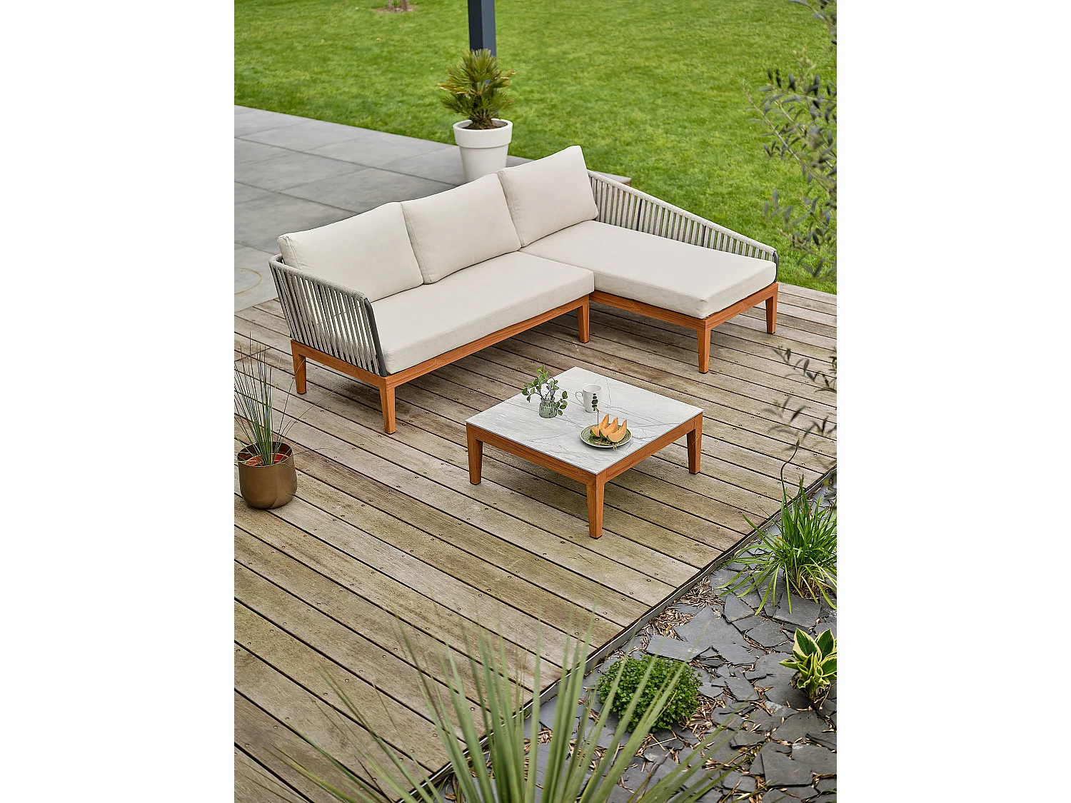 Salon bas de jardin 4 places - Effet bois - ALPHI