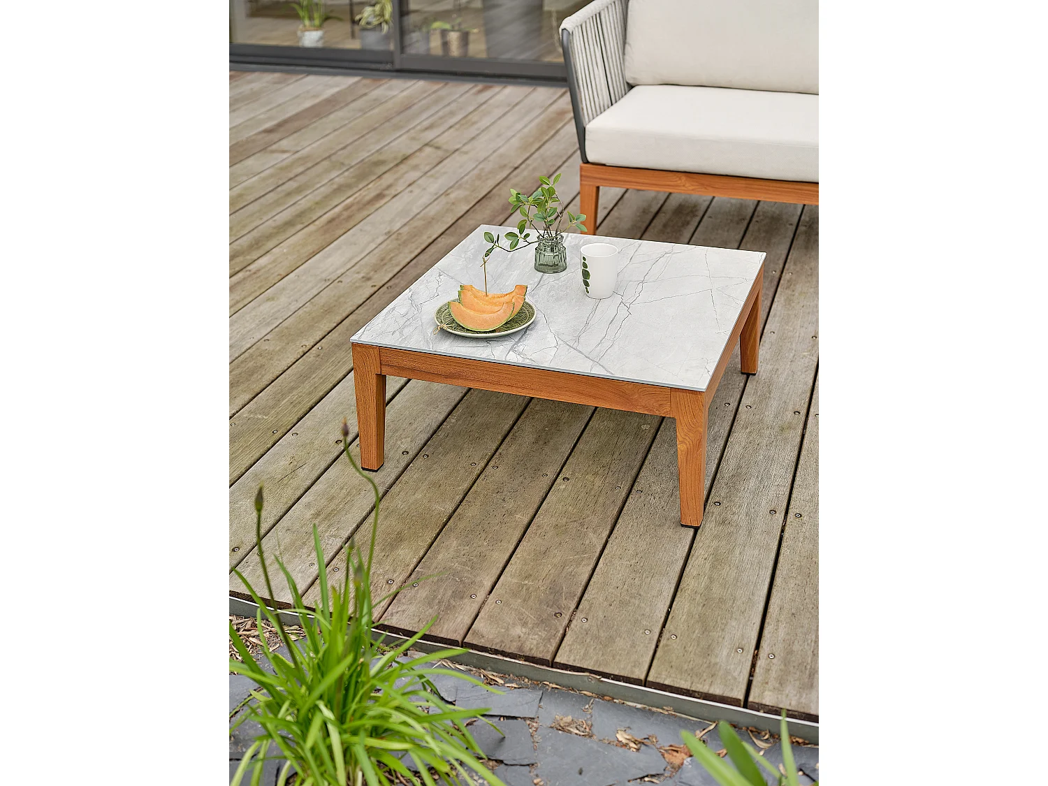 Salon bas de jardin 4 places - Effet bois - ALPHI