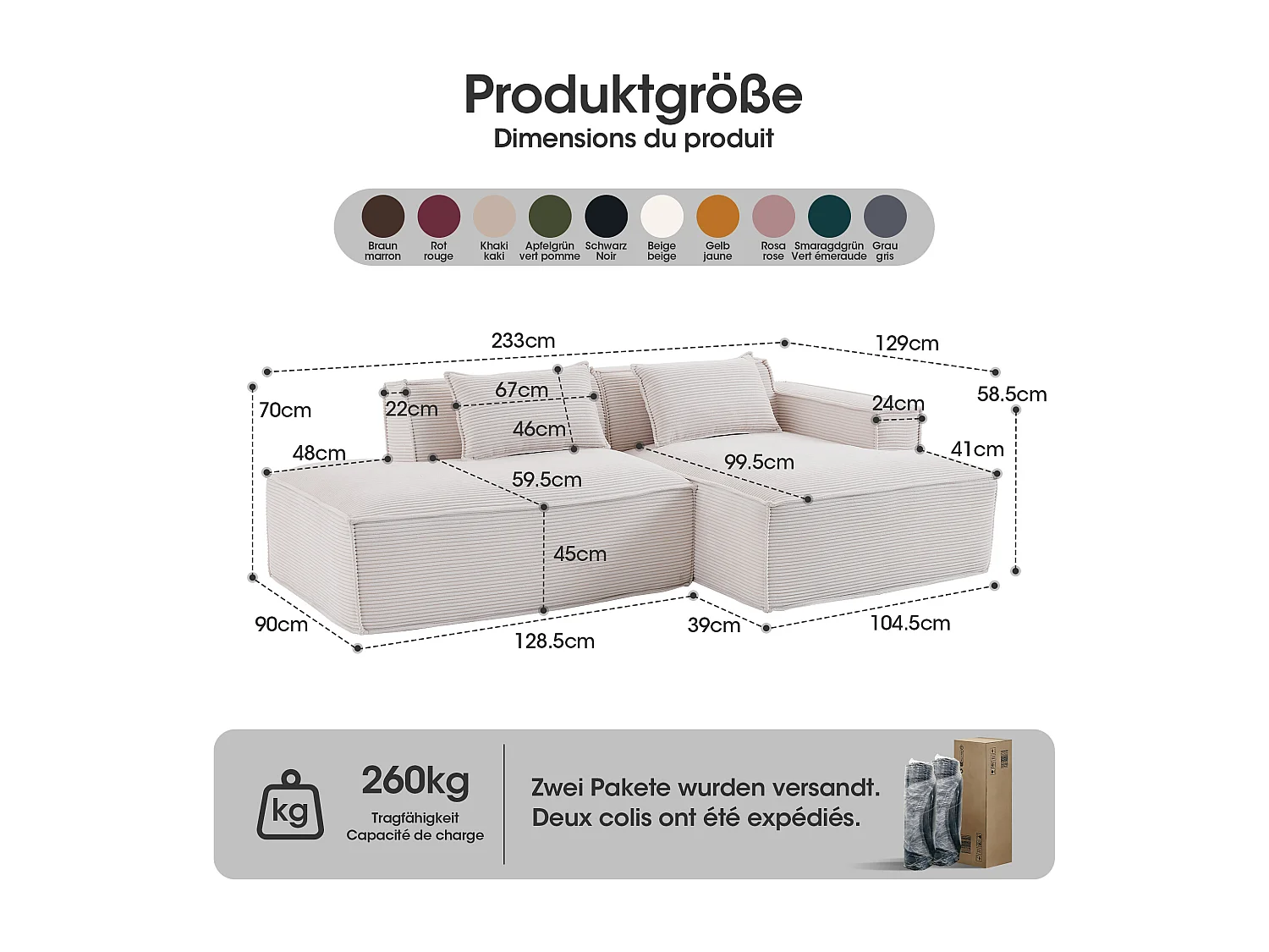 Canapé d'angle modulable 233 cm velours côtelé – Livré compressé, couchage occasionnel – Idéal petit espace