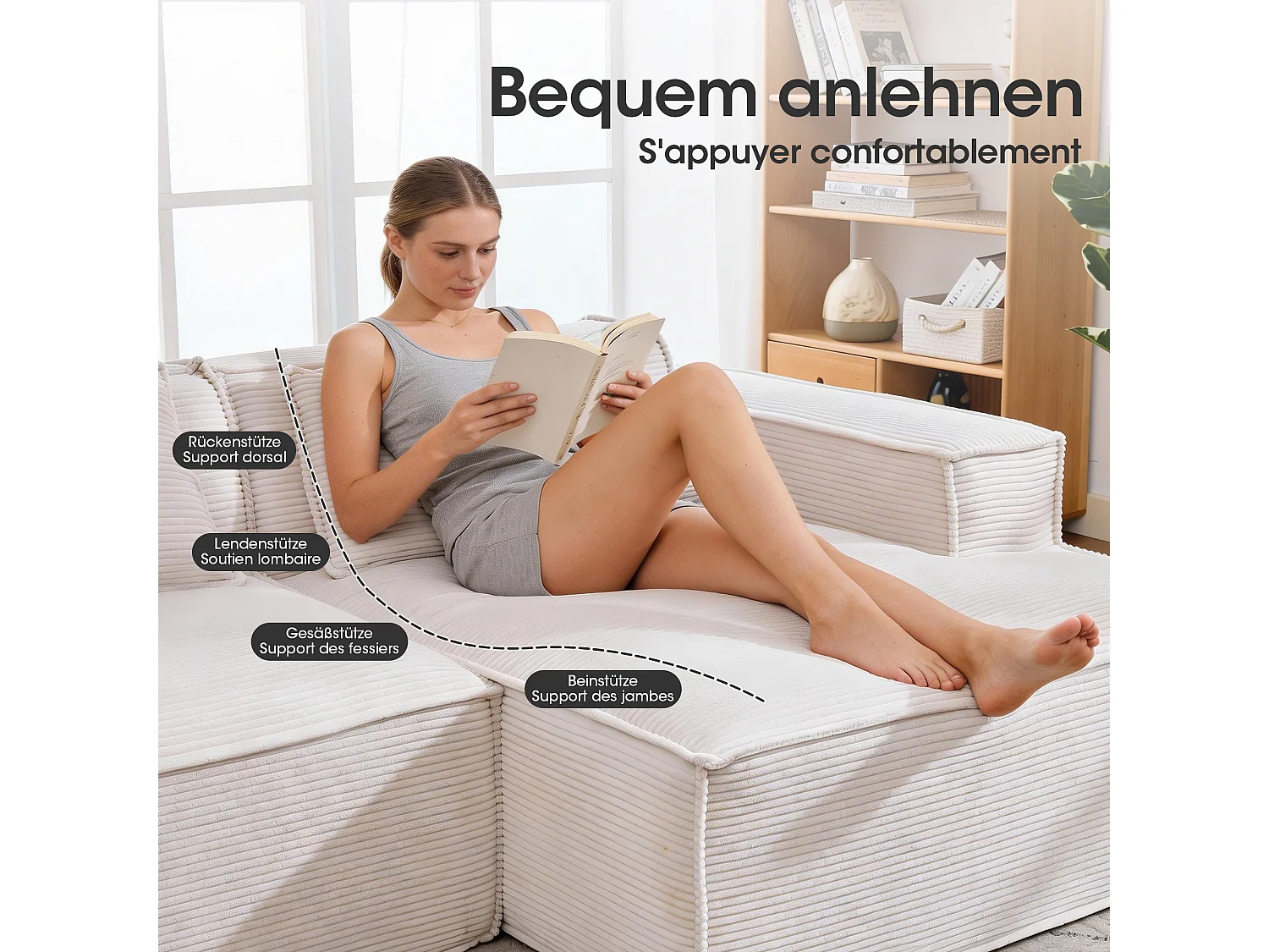 Canapé d'angle modulable 233 cm velours côtelé – Livré compressé, couchage occasionnel – Idéal petit espace