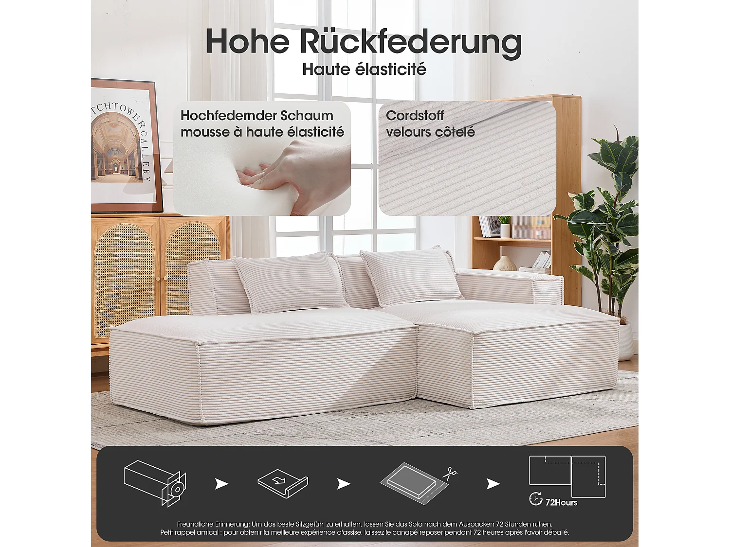 Canapé d'angle modulable 233 cm velours côtelé – Livré compressé, couchage occasionnel – Idéal petit espace