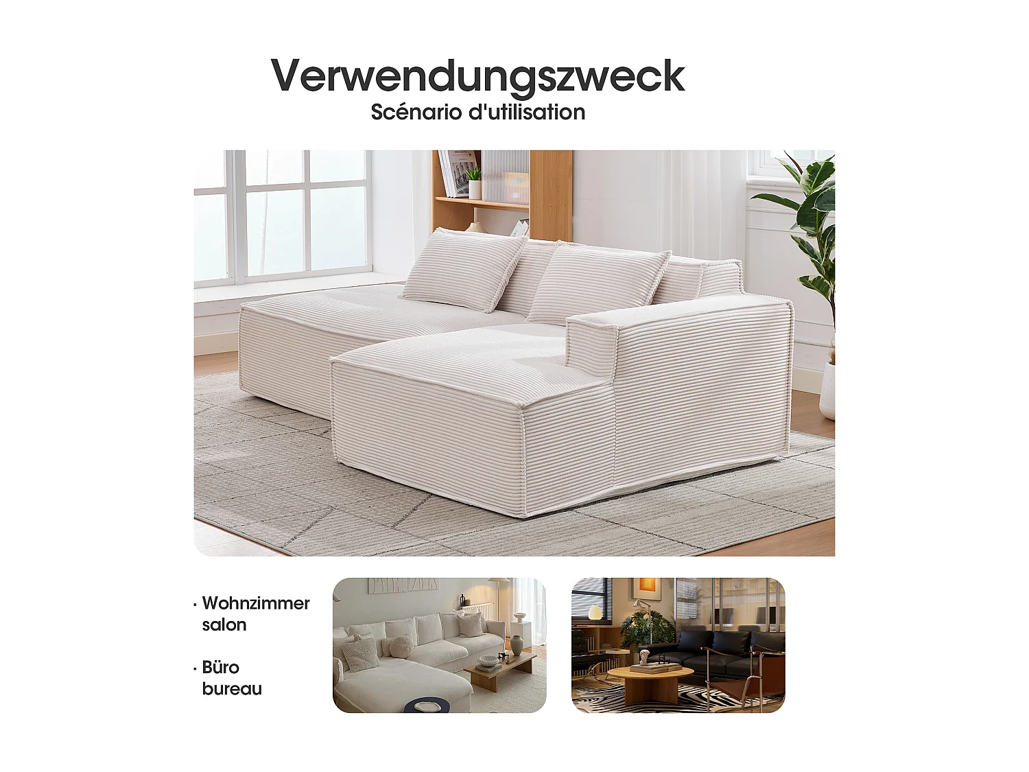 Canapé d'angle modulable 233 cm velours côtelé – Livré compressé, couchage occasionnel – Idéal petit espace