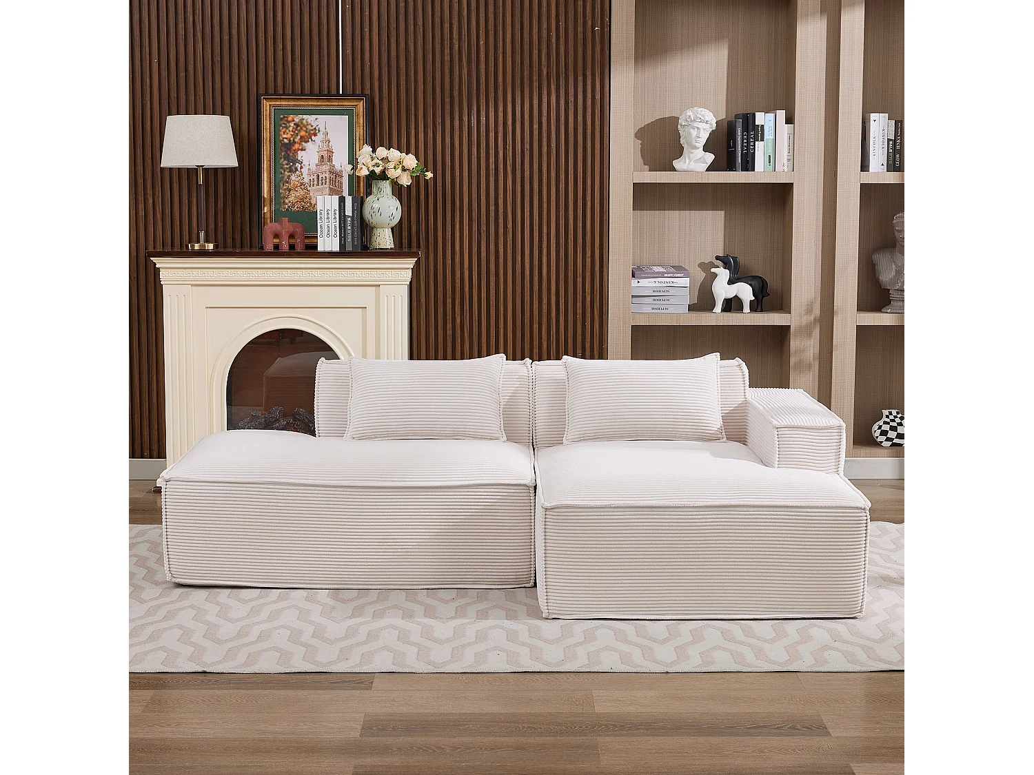 Canapé d'angle modulable 233 cm velours côtelé – Livré compressé, couchage occasionnel – Idéal petit espace