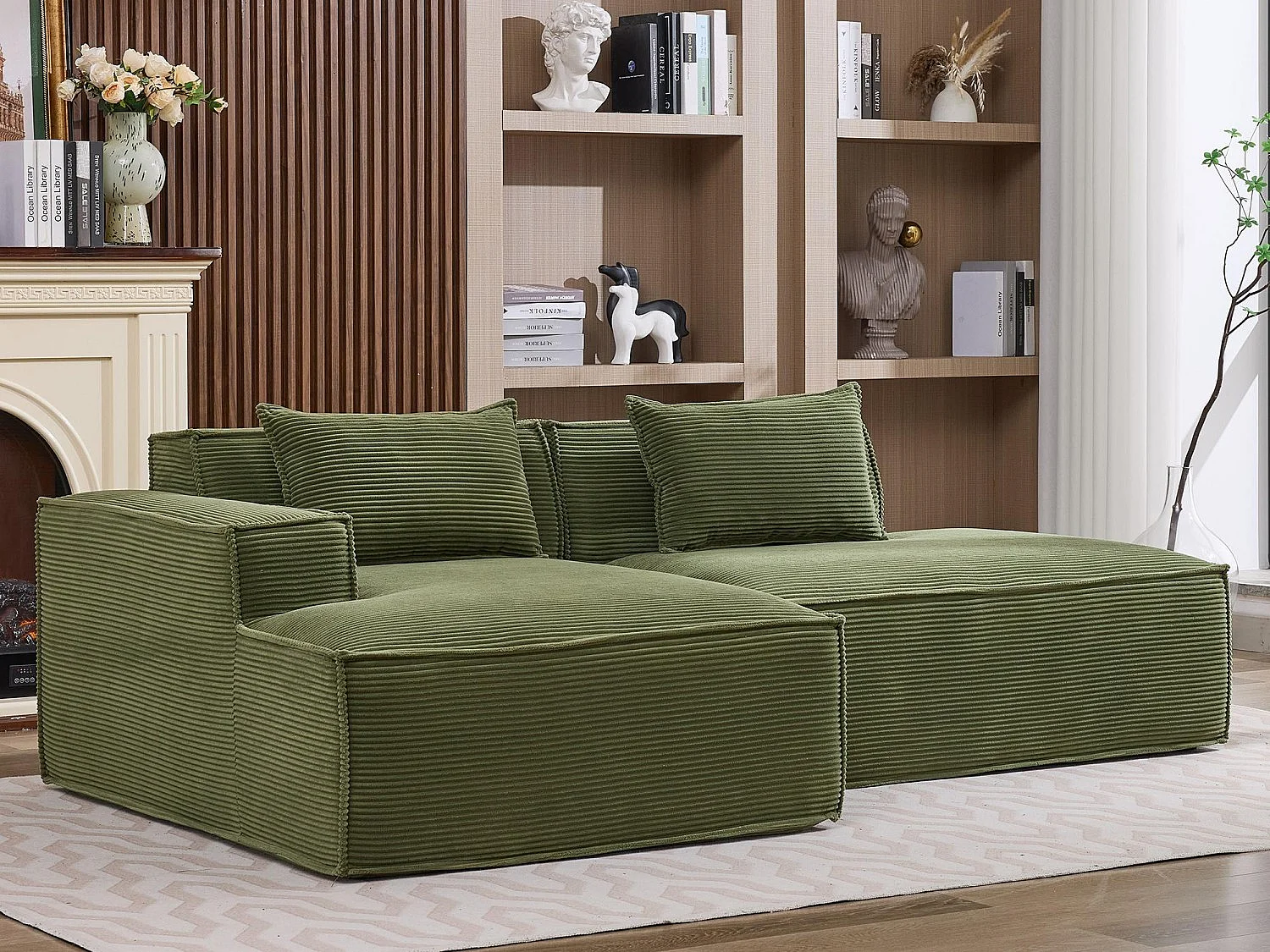 Canapé d'angle modulable 233 cm velours côtelé – Livré compressé, couchage occasionnel – Idéal petit espace