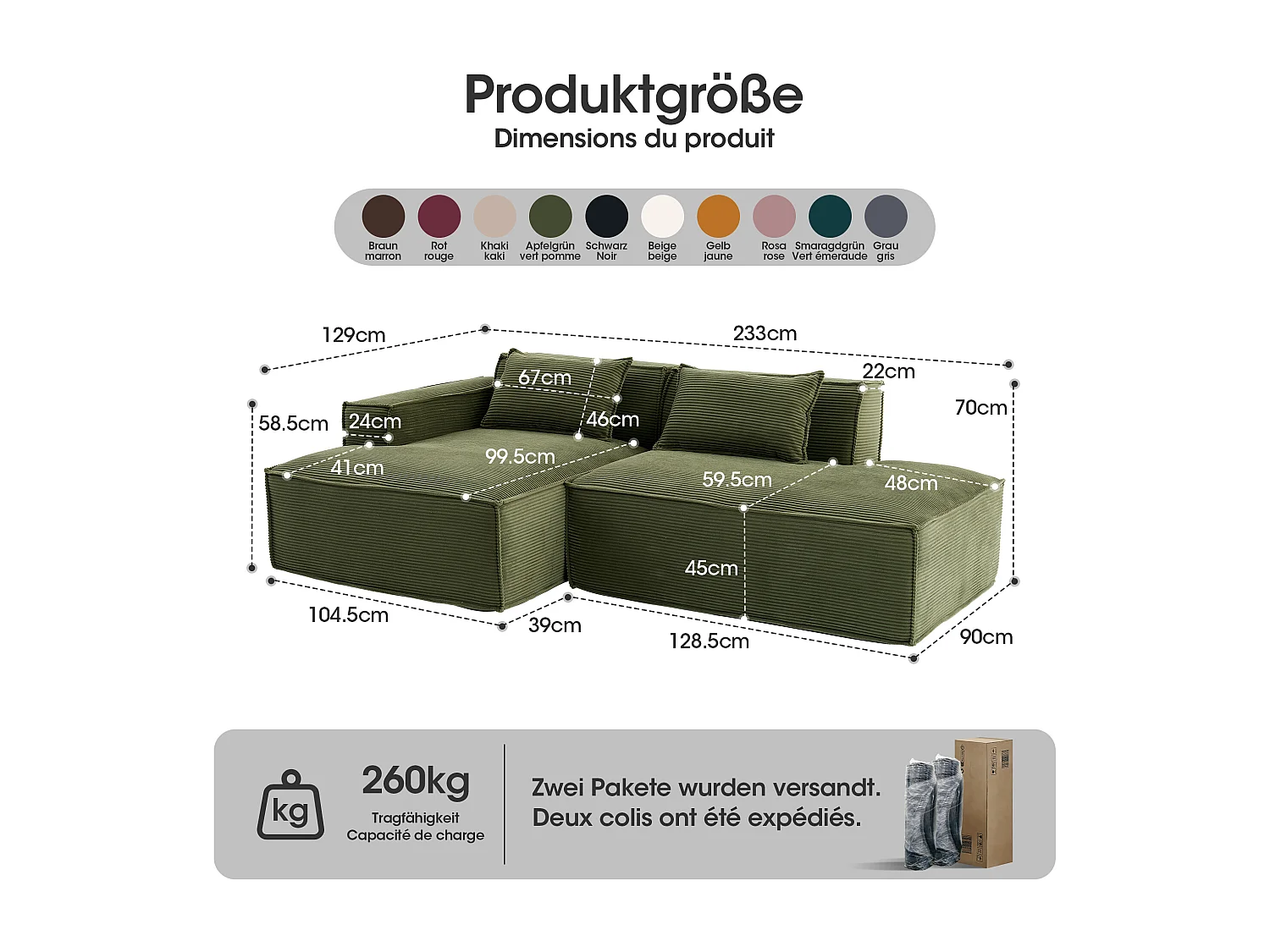 Canapé d'angle modulable 233 cm velours côtelé – Livré compressé, couchage occasionnel – Idéal petit espace