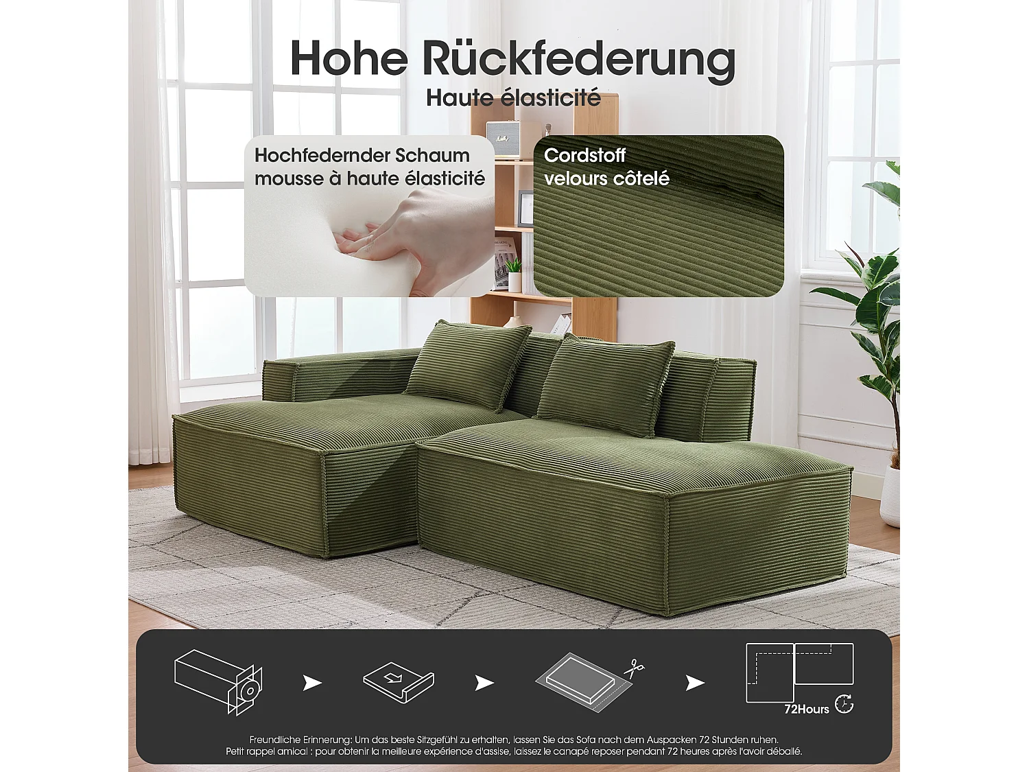 Canapé d'angle modulable 233 cm velours côtelé – Livré compressé, couchage occasionnel – Idéal petit espace