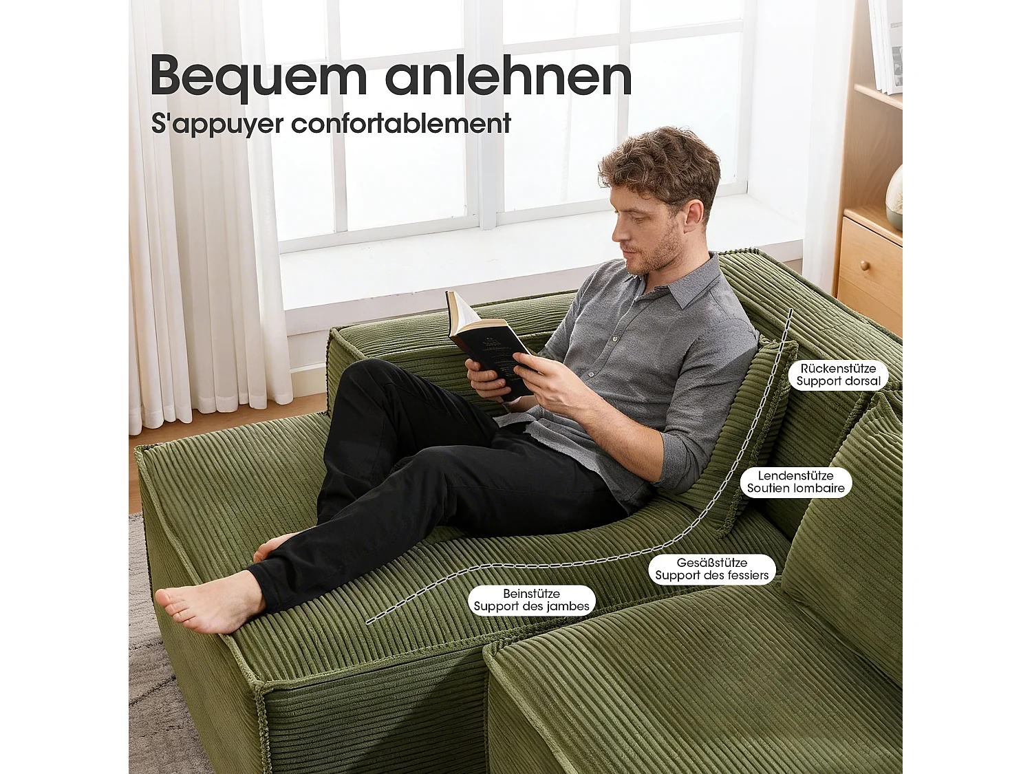 Canapé d'angle modulable 233 cm velours côtelé – Livré compressé, couchage occasionnel – Idéal petit espace