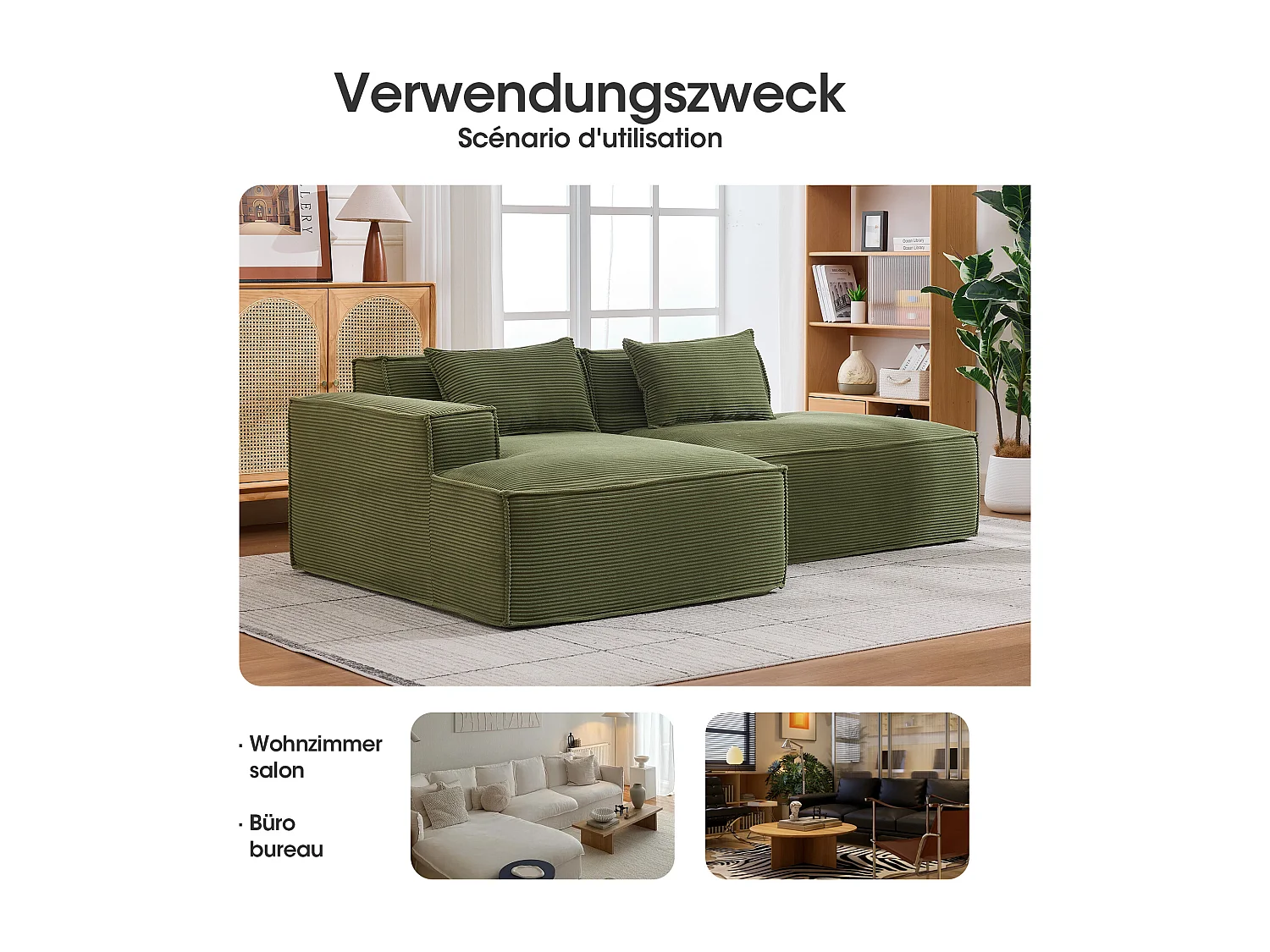 Canapé d'angle modulable 233 cm velours côtelé – Livré compressé, couchage occasionnel – Idéal petit espace
