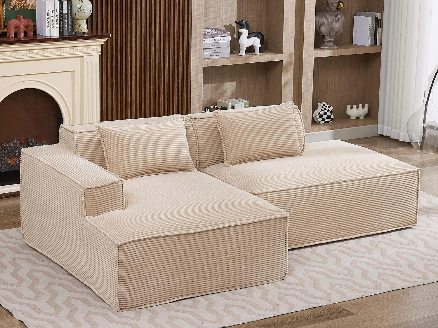 Canapé d'angle modulable 233 cm velours côtelé – Livré compressé, couchage occasionnel – Idéal petit espace
