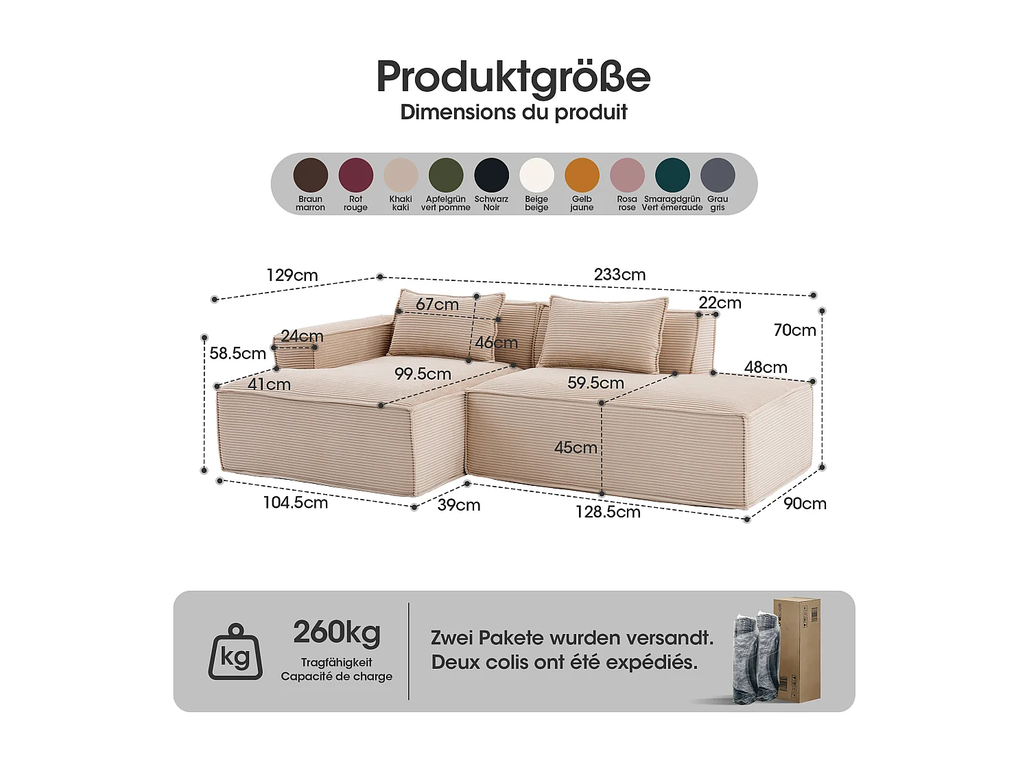 Canapé d'angle modulable 233 cm velours côtelé – Livré compressé, couchage occasionnel – Idéal petit espace