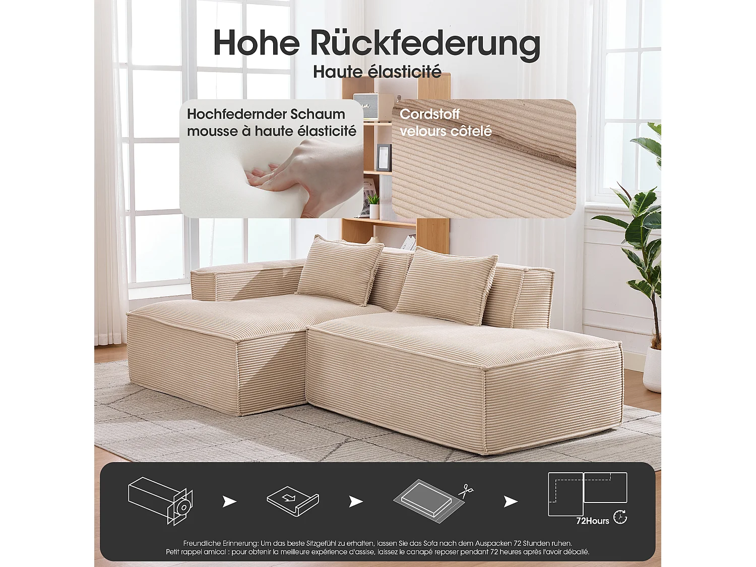 Canapé d'angle modulable 233 cm velours côtelé – Livré compressé, couchage occasionnel – Idéal petit espace
