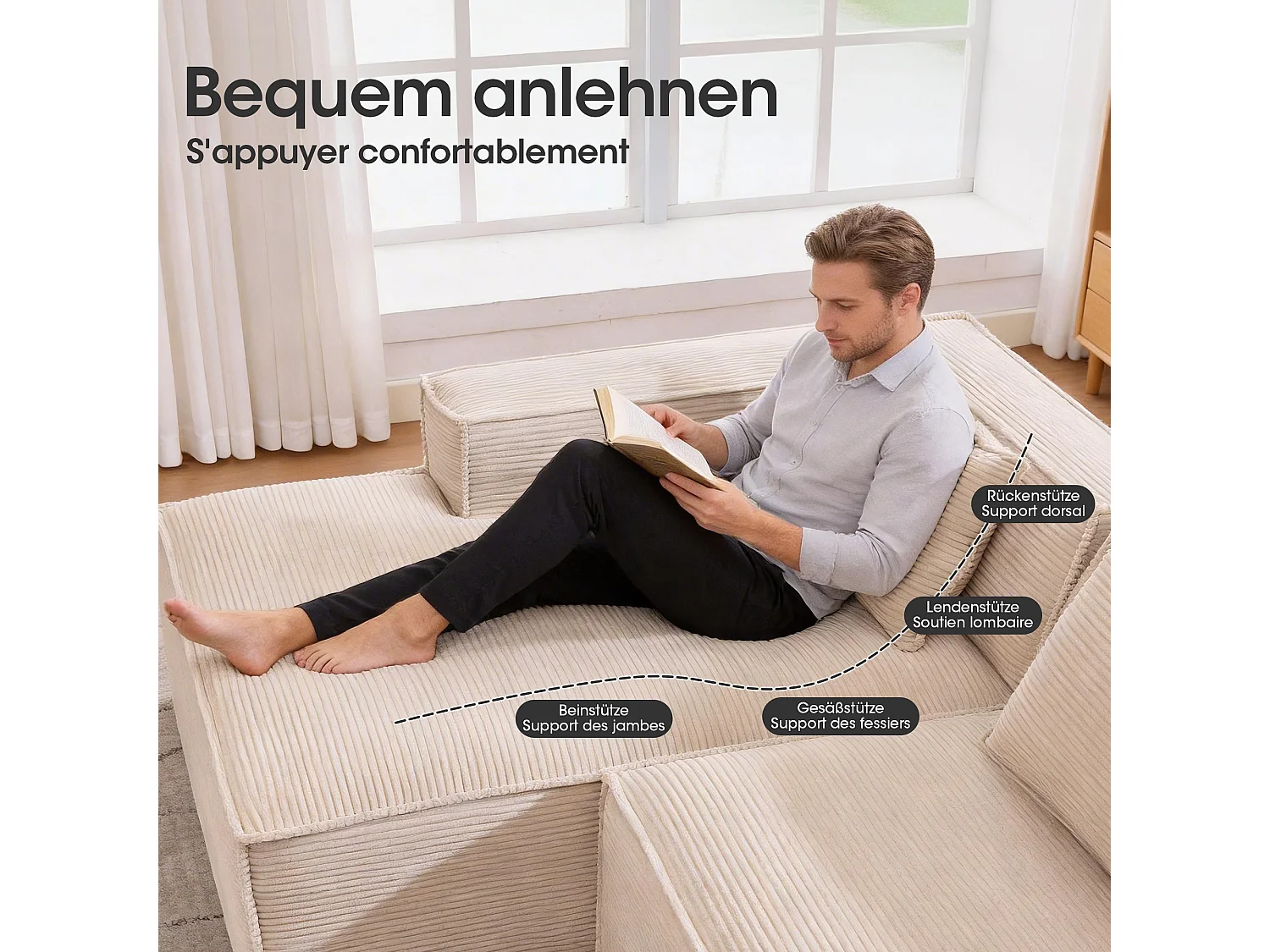 Canapé d'angle modulable 233 cm velours côtelé – Livré compressé, couchage occasionnel – Idéal petit espace