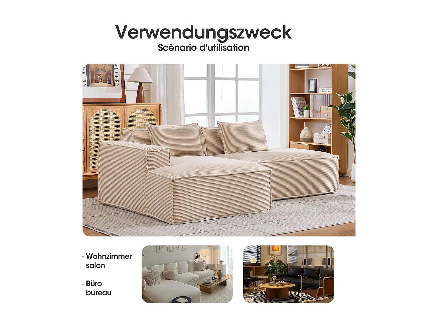 Canapé d'angle modulable 233 cm velours côtelé – Livré compressé, couchage occasionnel – Idéal petit espace