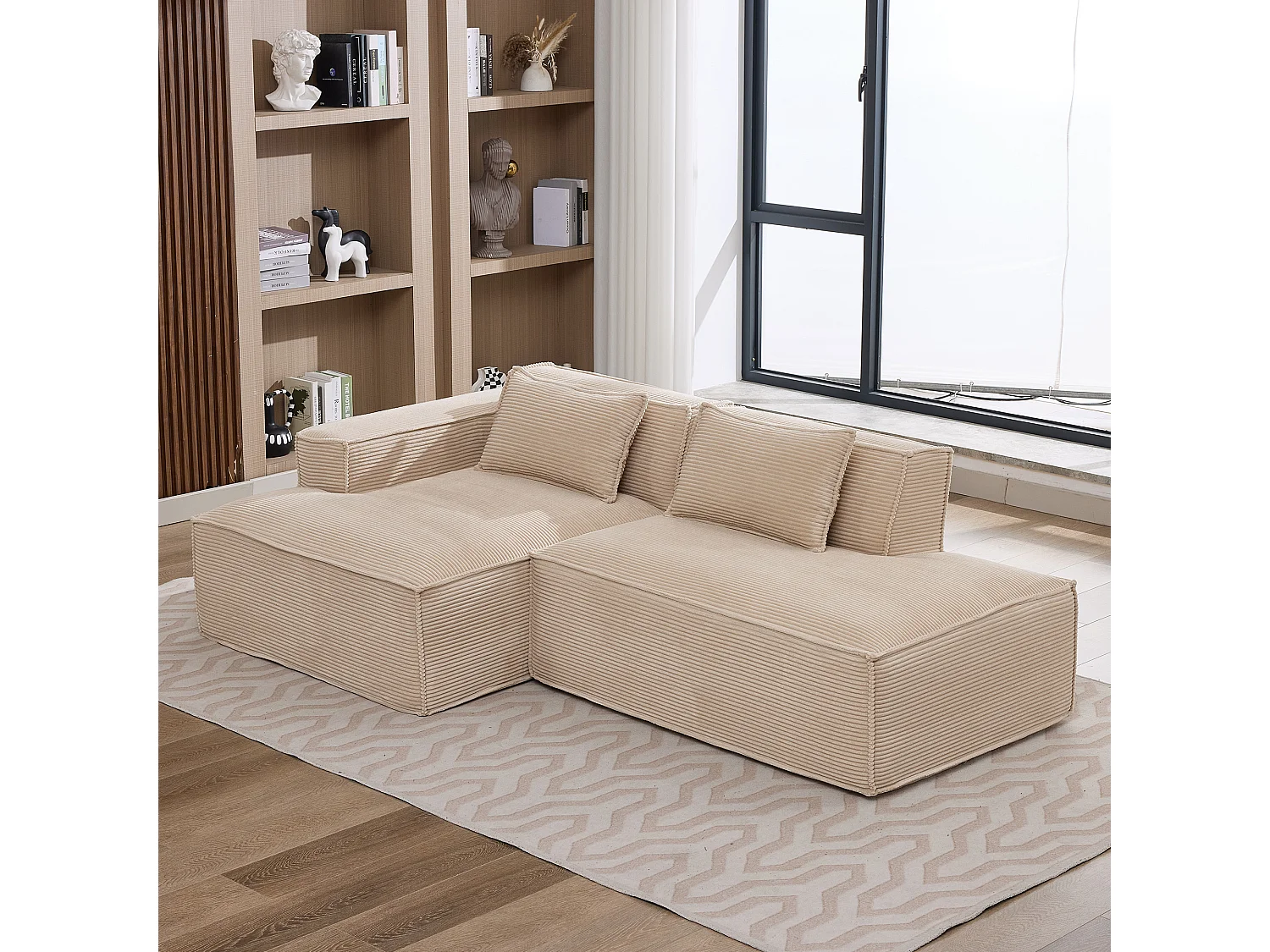 Canapé d'angle modulable 233 cm velours côtelé – Livré compressé, couchage occasionnel – Idéal petit espace
