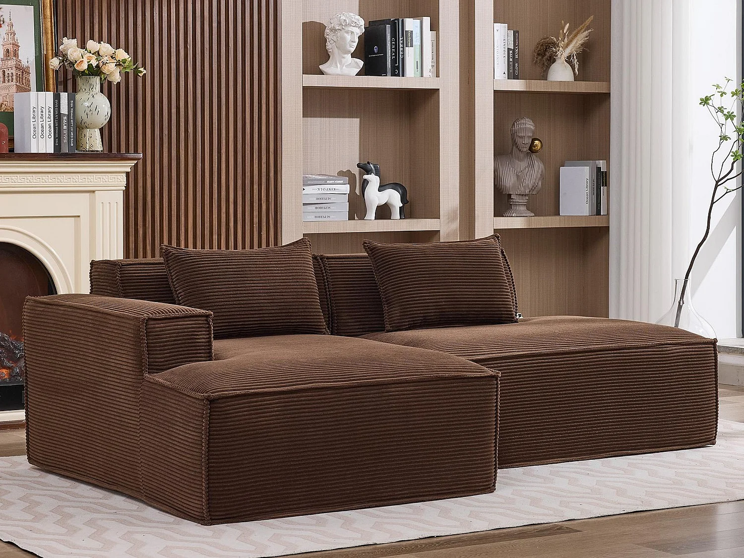 Canapé d'angle modulable 233 cm velours côtelé – Livré compressé, couchage occasionnel – Idéal petit espace
