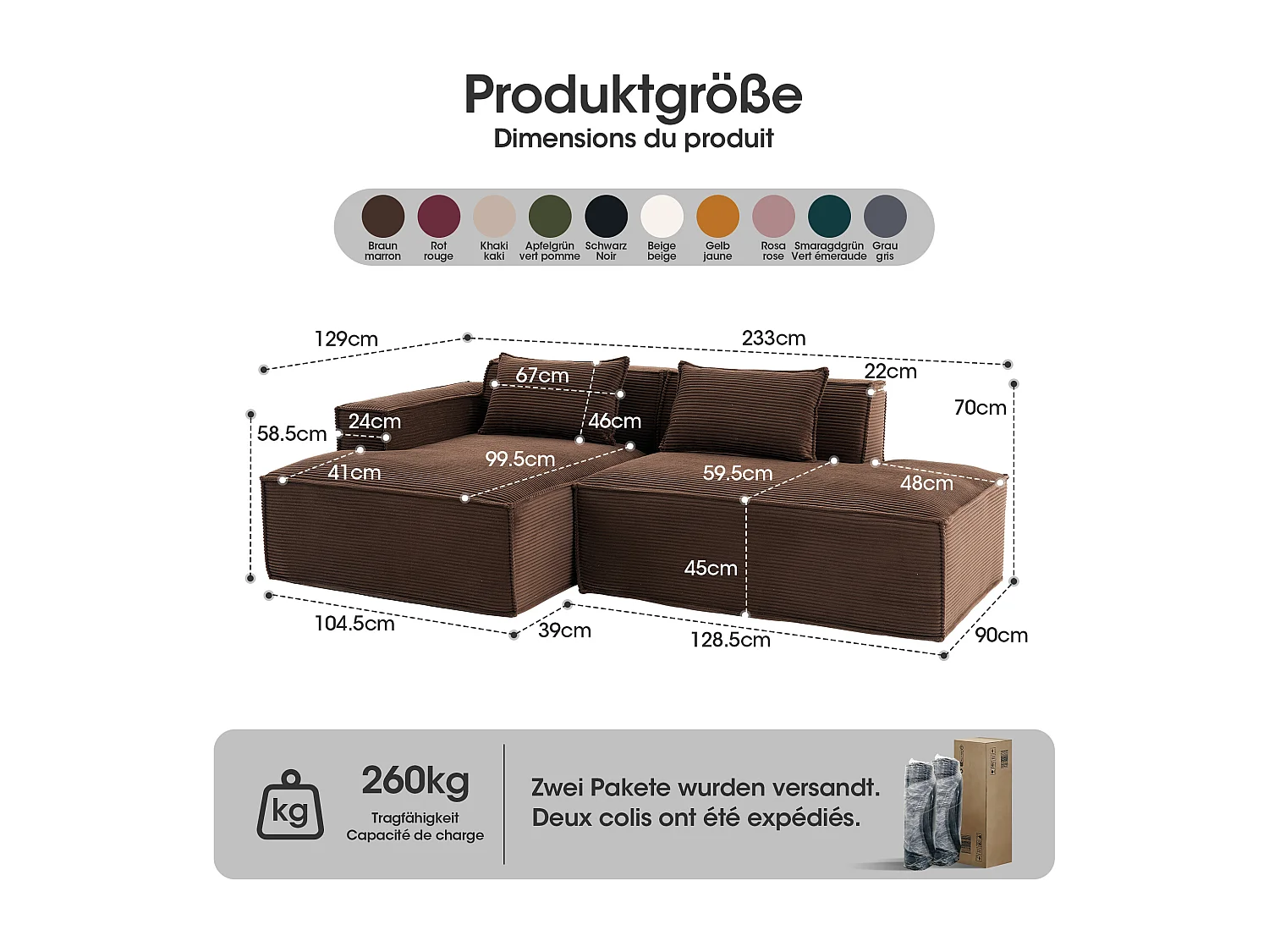 Canapé d'angle modulable 233 cm velours côtelé – Livré compressé, couchage occasionnel – Idéal petit espace