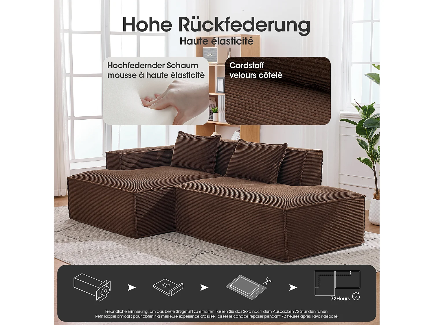 Canapé d'angle modulable 233 cm velours côtelé – Livré compressé, couchage occasionnel – Idéal petit espace
