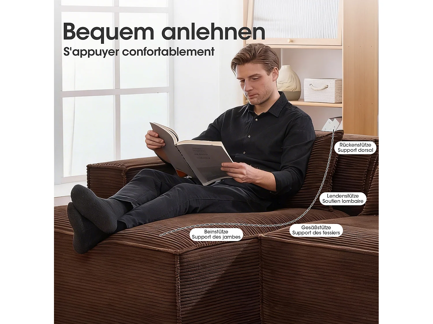 Canapé d'angle modulable 233 cm velours côtelé – Livré compressé, couchage occasionnel – Idéal petit espace