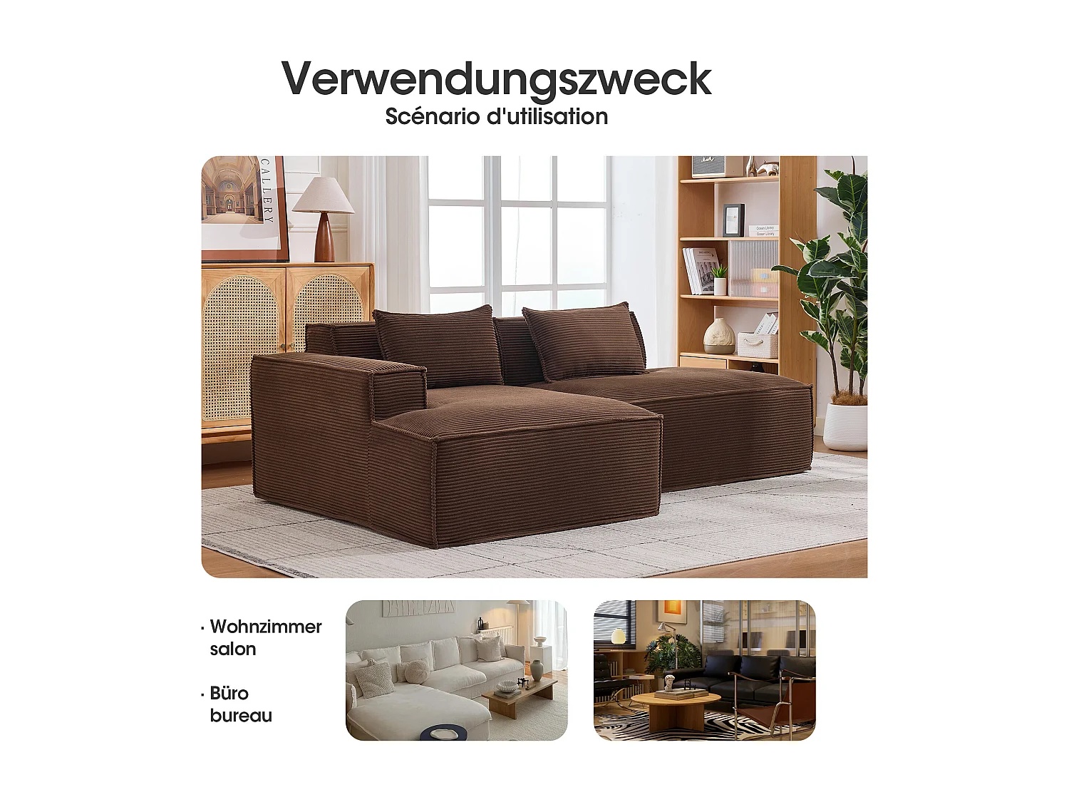 Canapé d'angle modulable 233 cm velours côtelé – Livré compressé, couchage occasionnel – Idéal petit espace