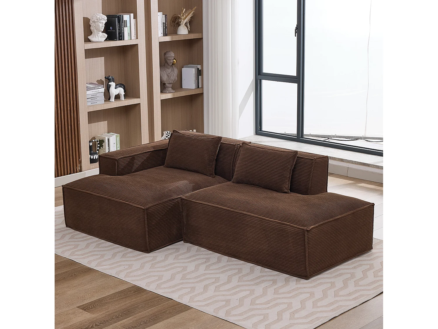 Canapé d'angle modulable 233 cm velours côtelé – Livré compressé, couchage occasionnel – Idéal petit espace
