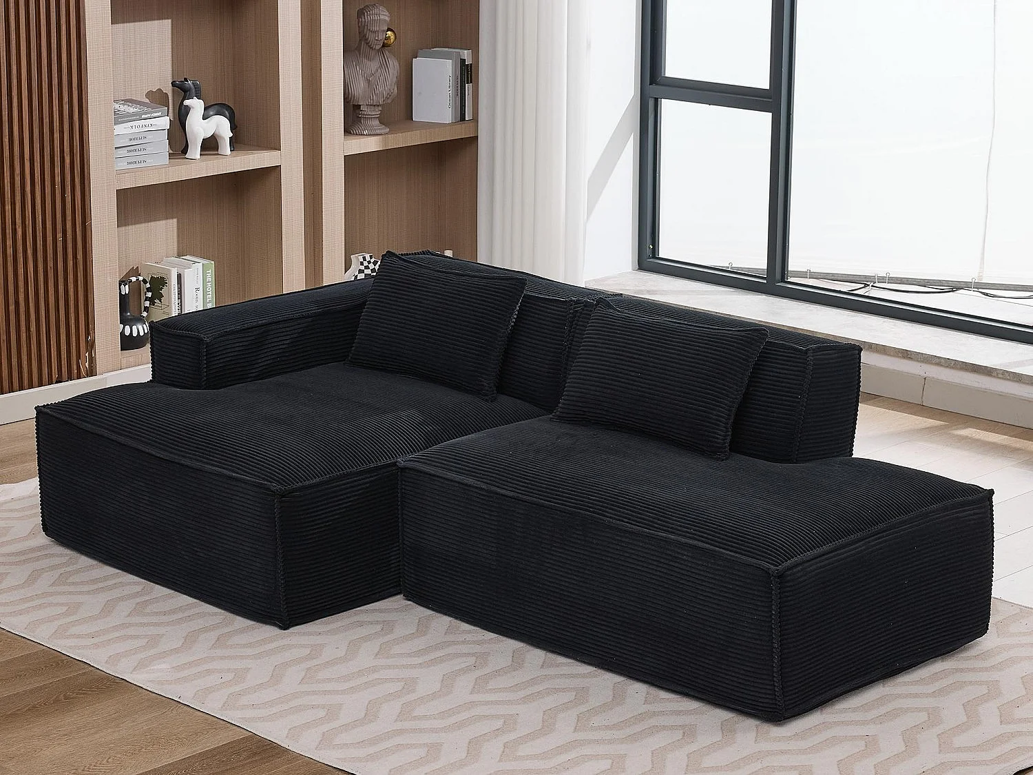 Canapé d'angle modulable 233 cm velours côtelé – Livré compressé, couchage occasionnel – Idéal petit espace