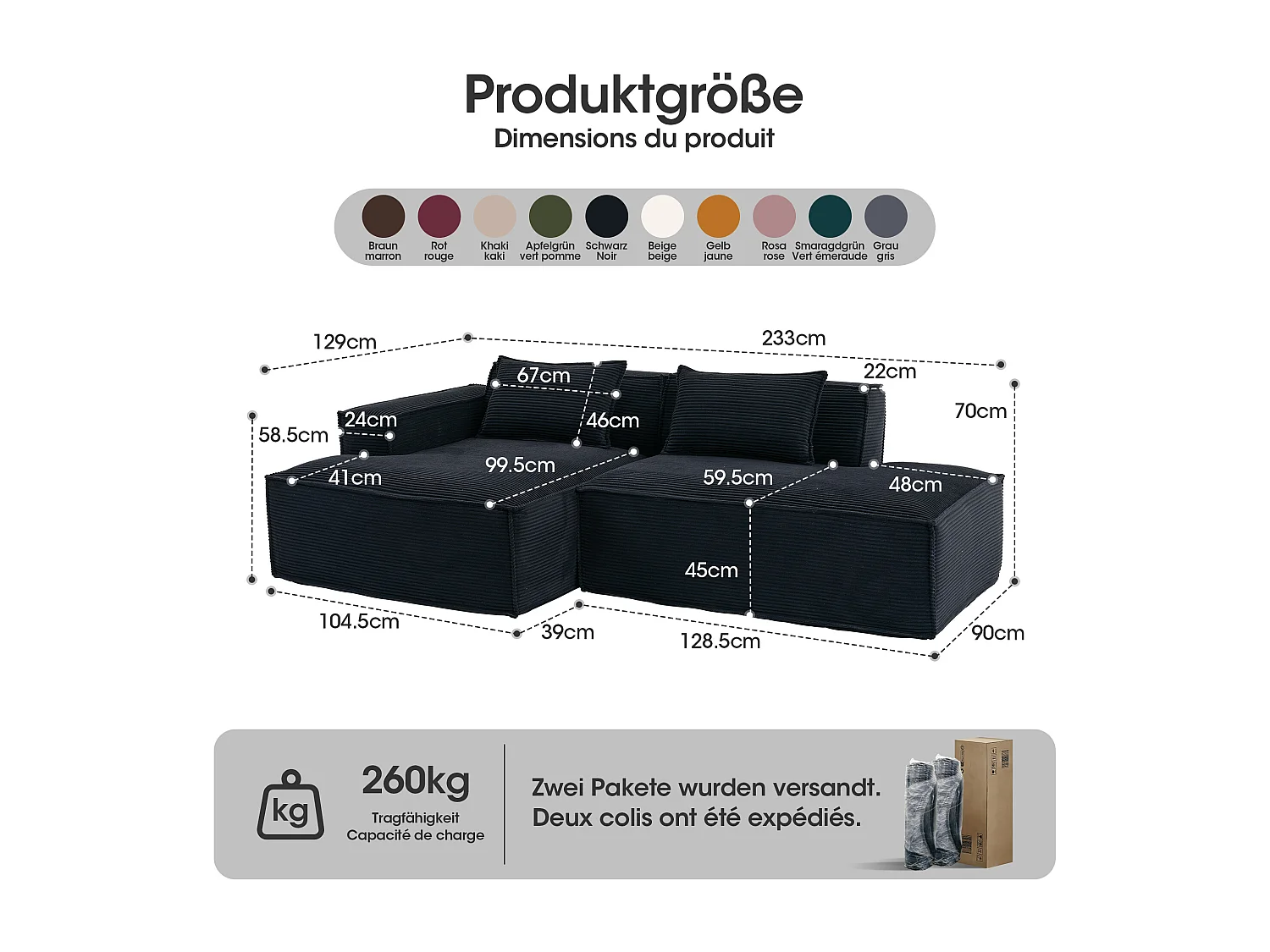 Canapé d'angle modulable 233 cm velours côtelé – Livré compressé, couchage occasionnel – Idéal petit espace